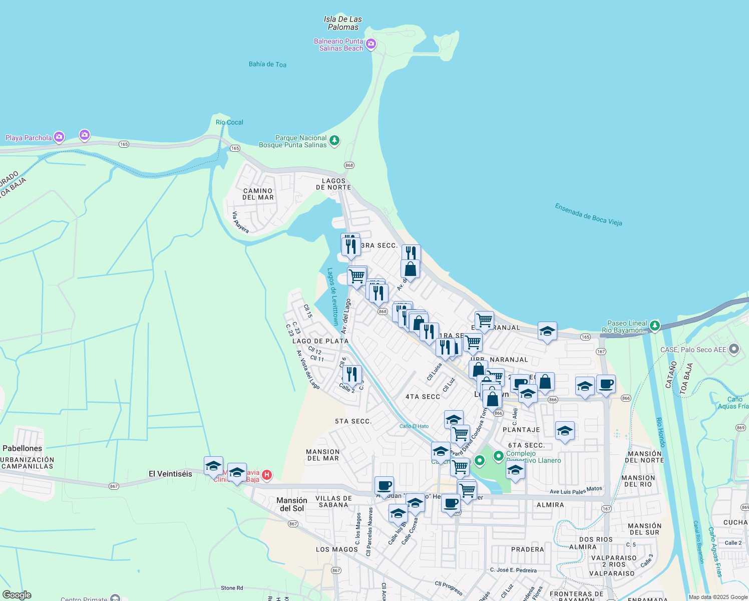 map of restaurants, bars, coffee shops, grocery stores, and more near Boulevard Levittown in Toa Baja