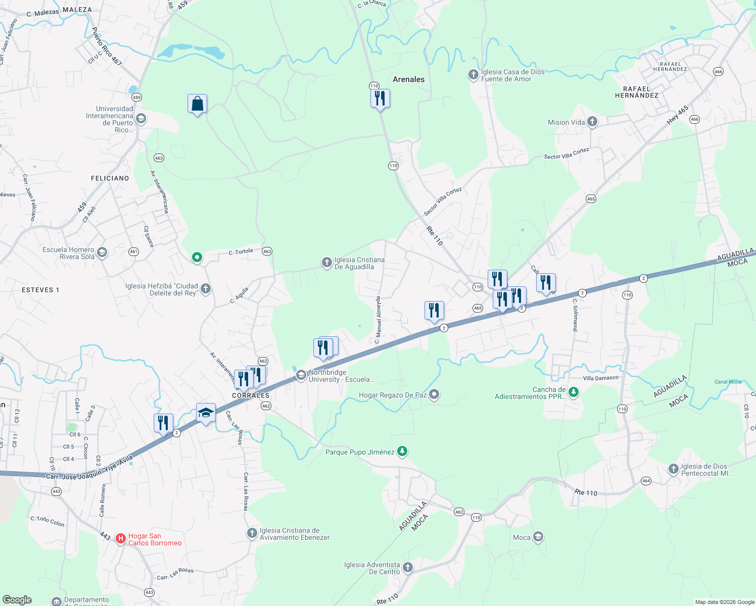 map of restaurants, bars, coffee shops, grocery stores, and more near in Caimital Alto