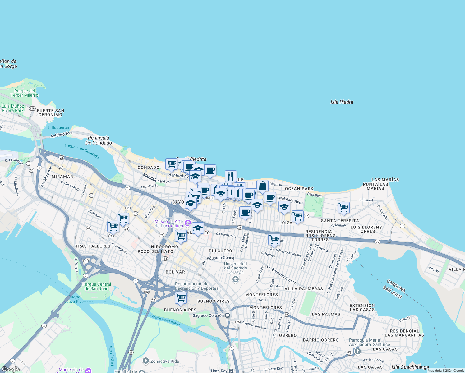 map of restaurants, bars, coffee shops, grocery stores, and more near in San Juan