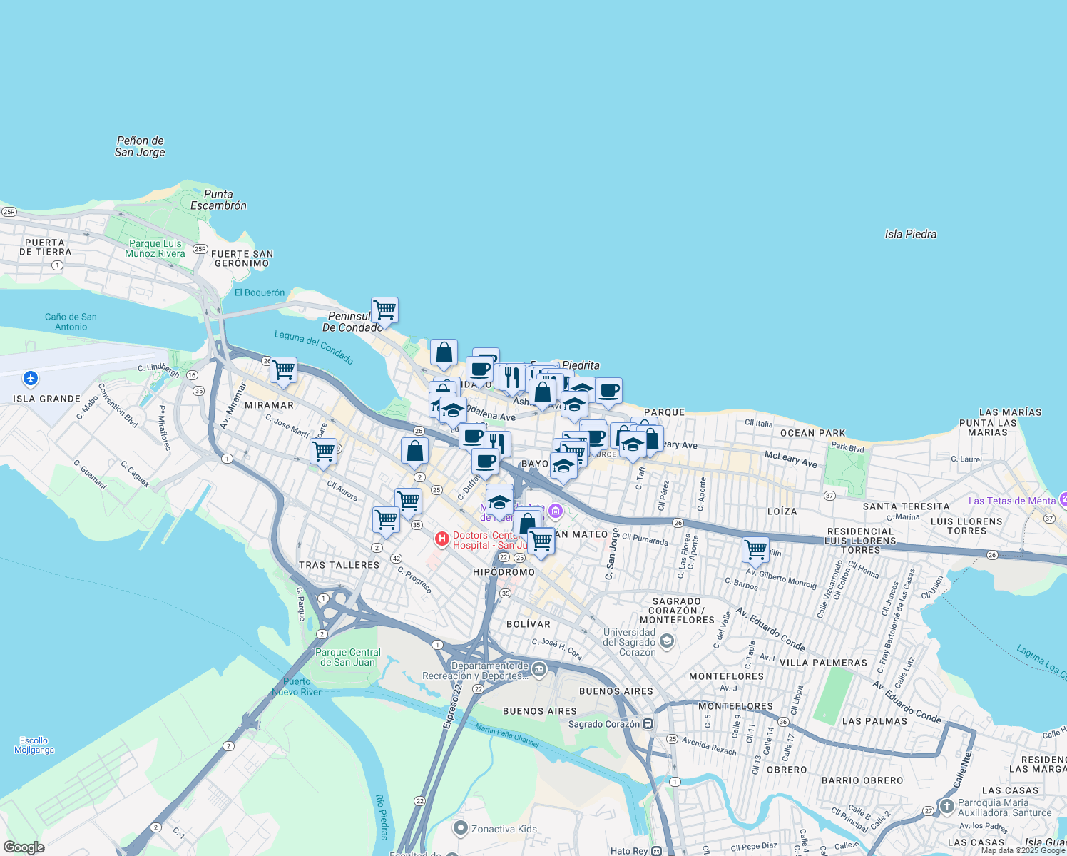 map of restaurants, bars, coffee shops, grocery stores, and more near 72 Calle Manuel Rodríguez Serra in San Juan