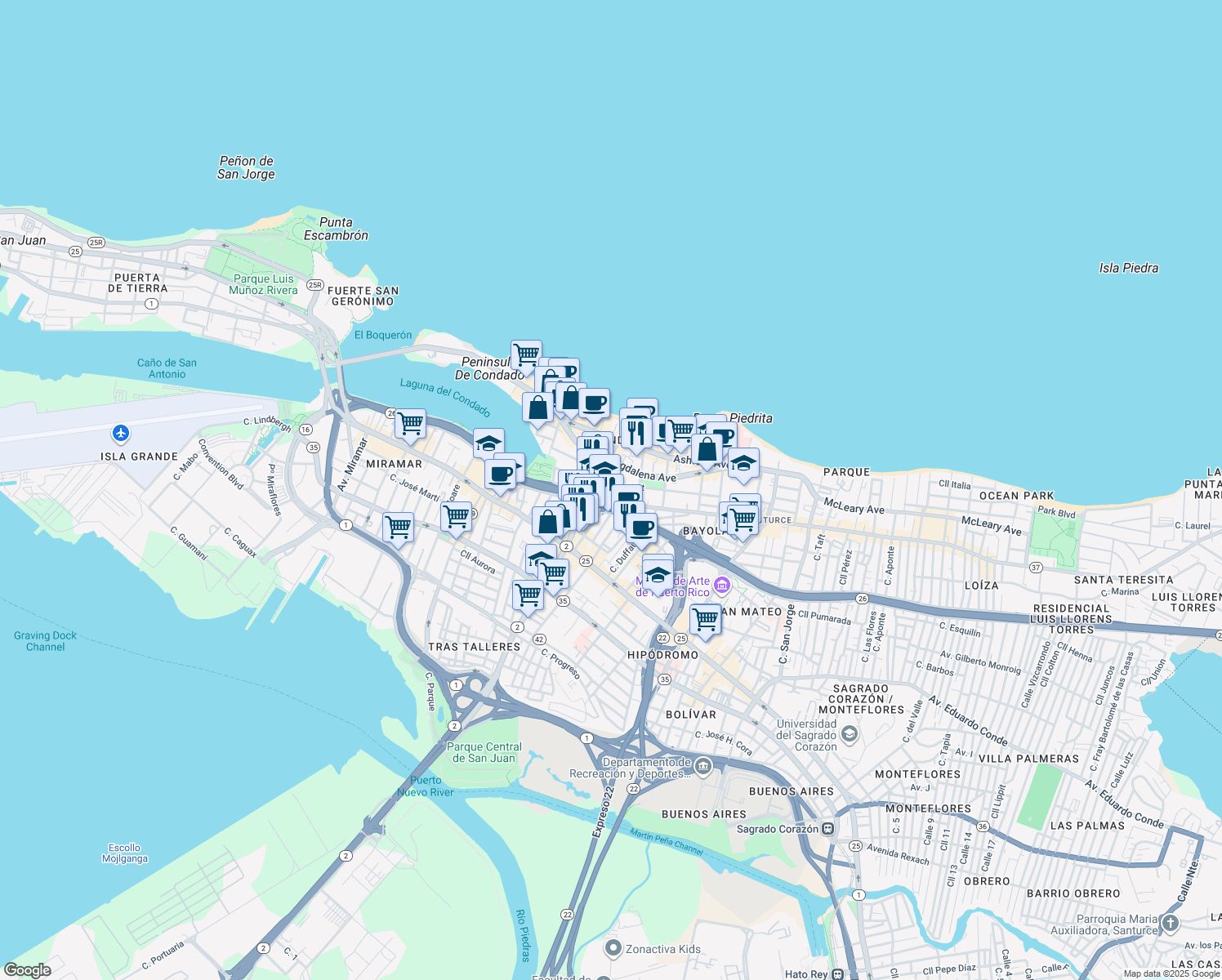 map of restaurants, bars, coffee shops, grocery stores, and more near in San Juan