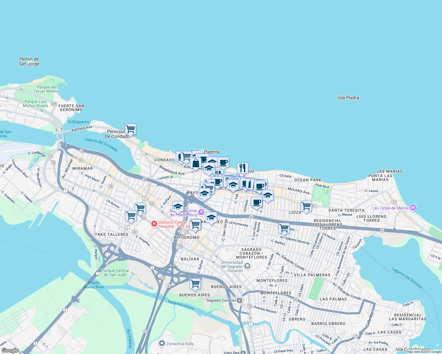 map of restaurants, bars, coffee shops, grocery stores, and more near 1508 Calle Mirsonia in San Juan