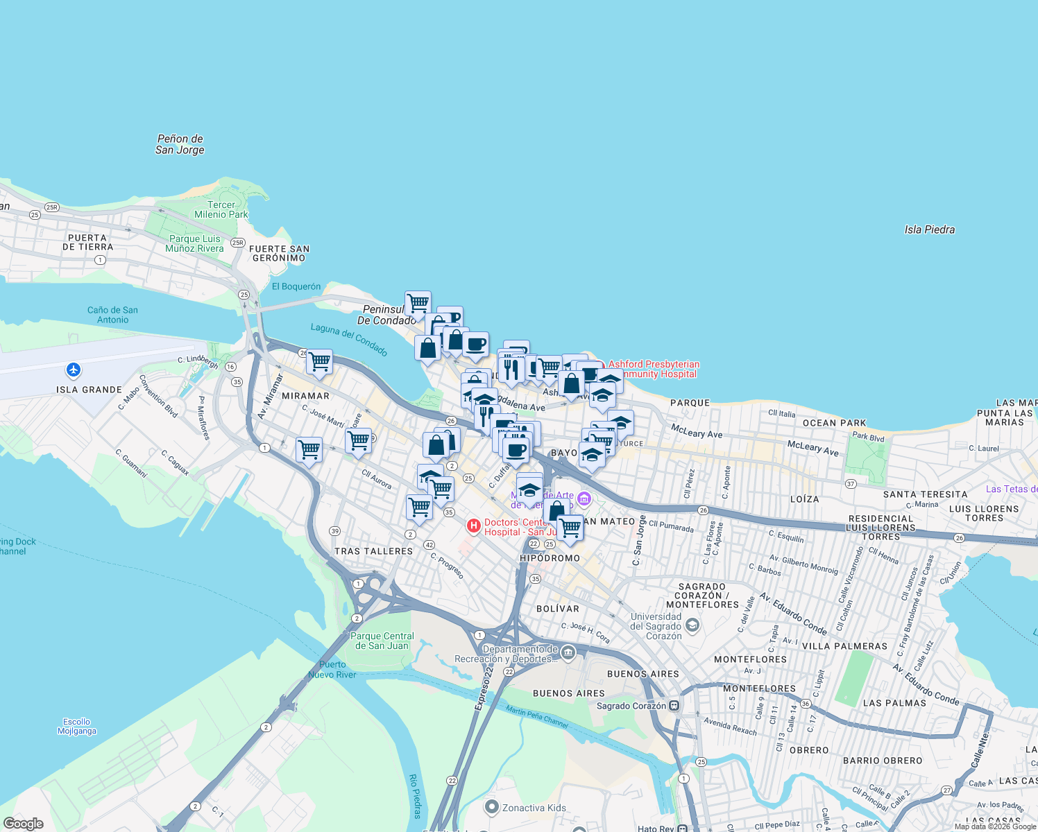 map of restaurants, bars, coffee shops, grocery stores, and more near in San Juan