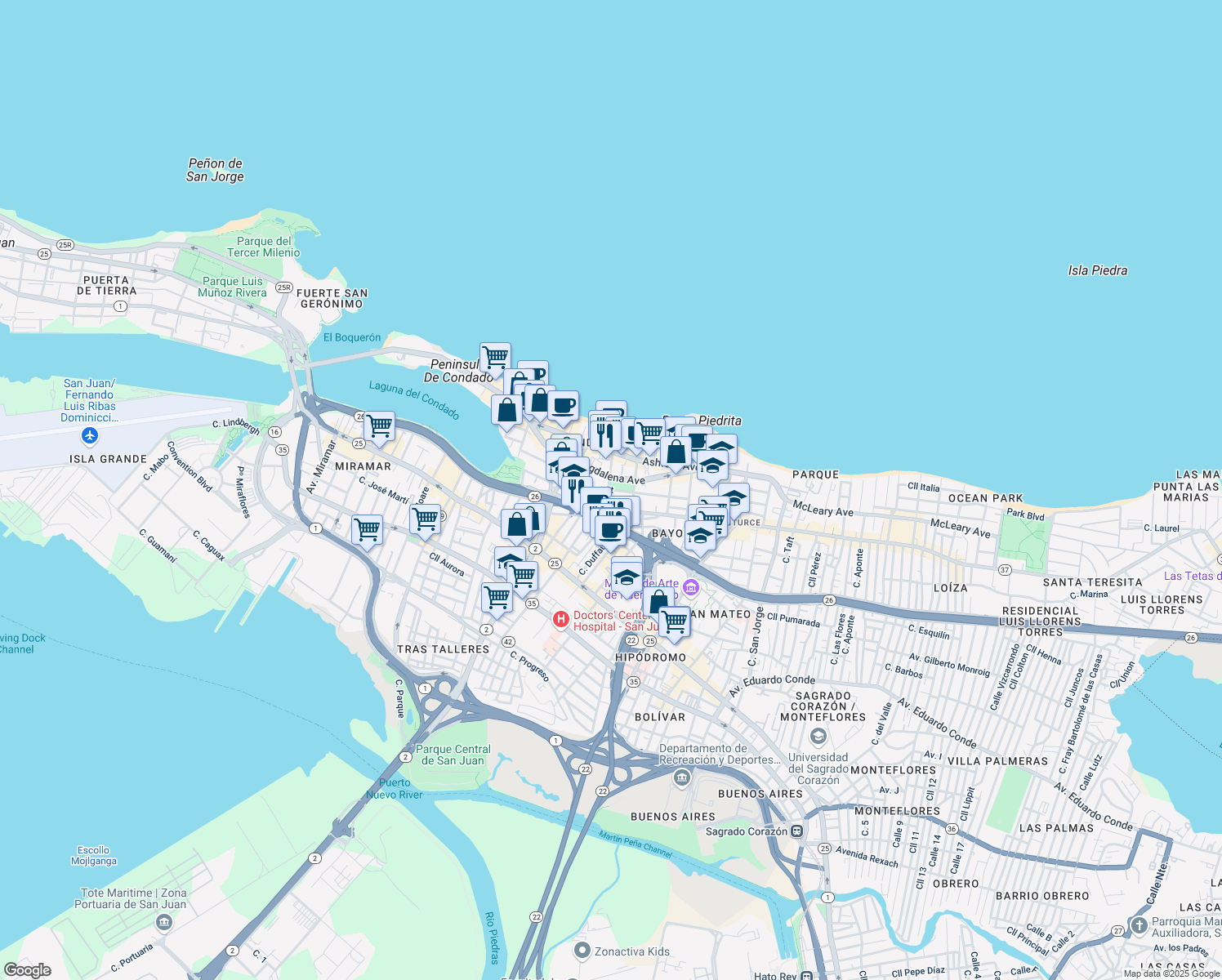 map of restaurants, bars, coffee shops, grocery stores, and more near in San Juan