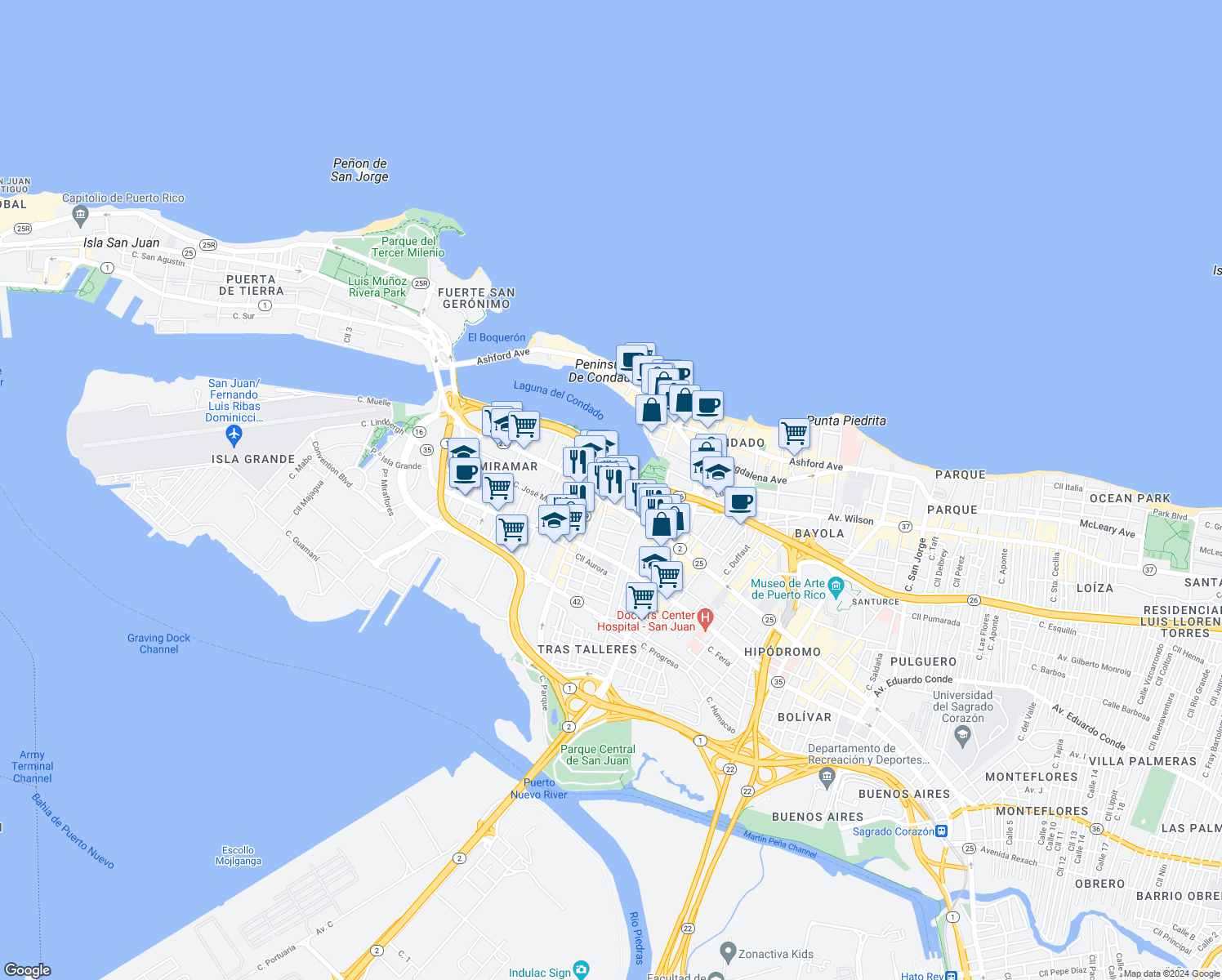 map of restaurants, bars, coffee shops, grocery stores, and more near in San Juan