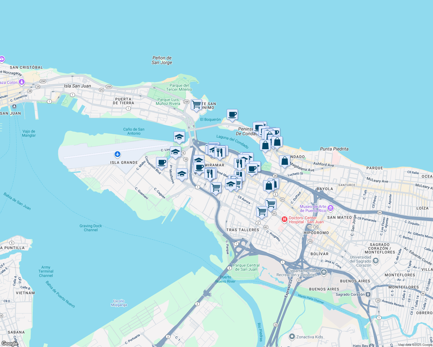 map of restaurants, bars, coffee shops, grocery stores, and more near 809-811 Puerto Rico 35 in San Juan