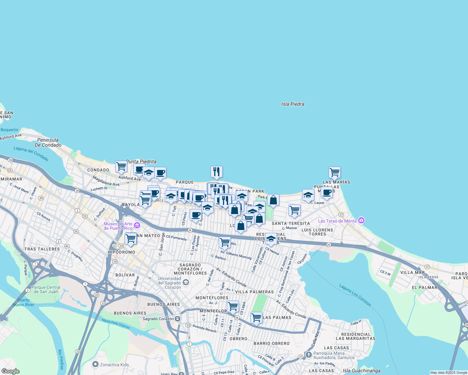 map of restaurants, bars, coffee shops, grocery stores, and more near in San Juan