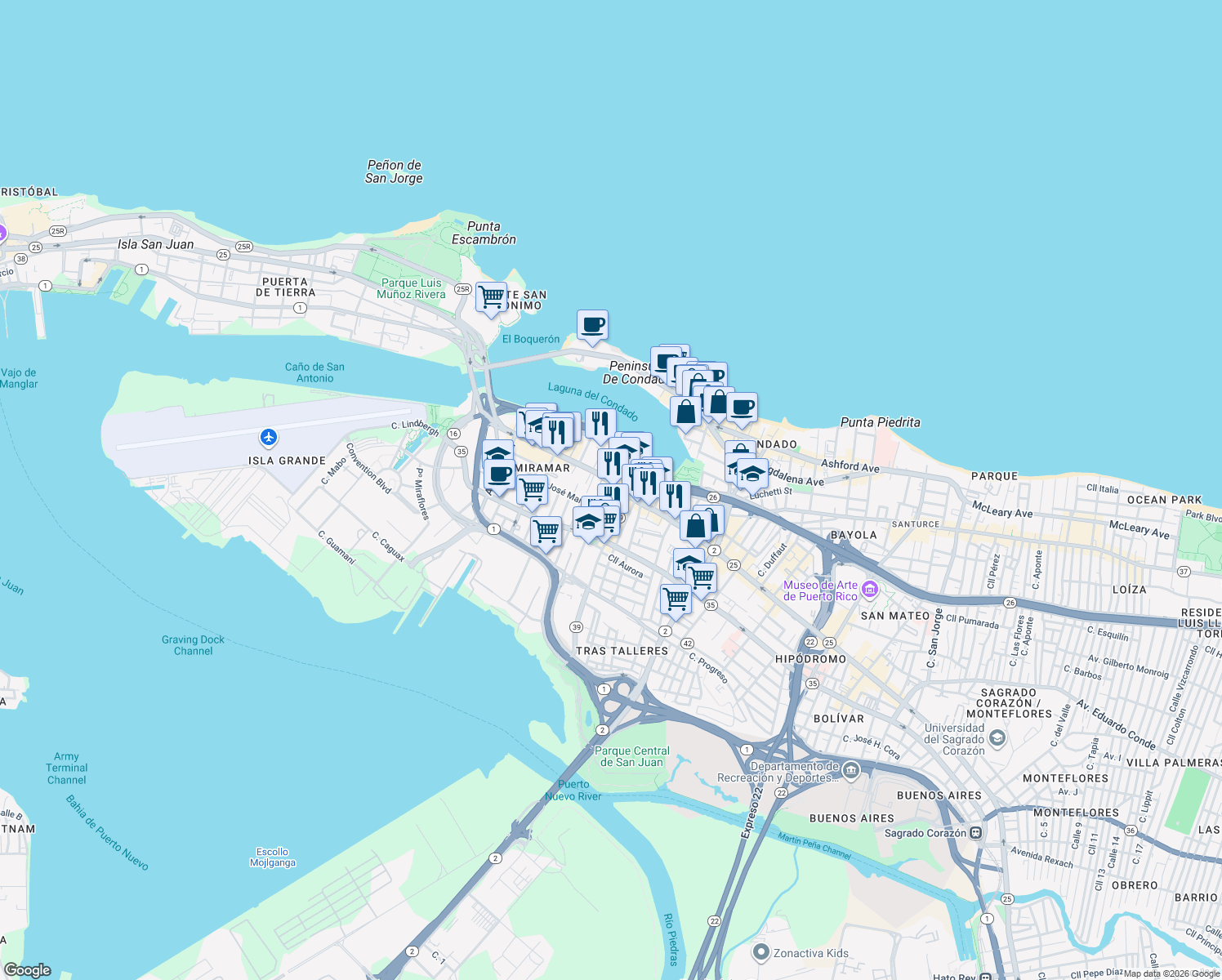 map of restaurants, bars, coffee shops, grocery stores, and more near 954 Avenida Juan Ponce de León in San Juan