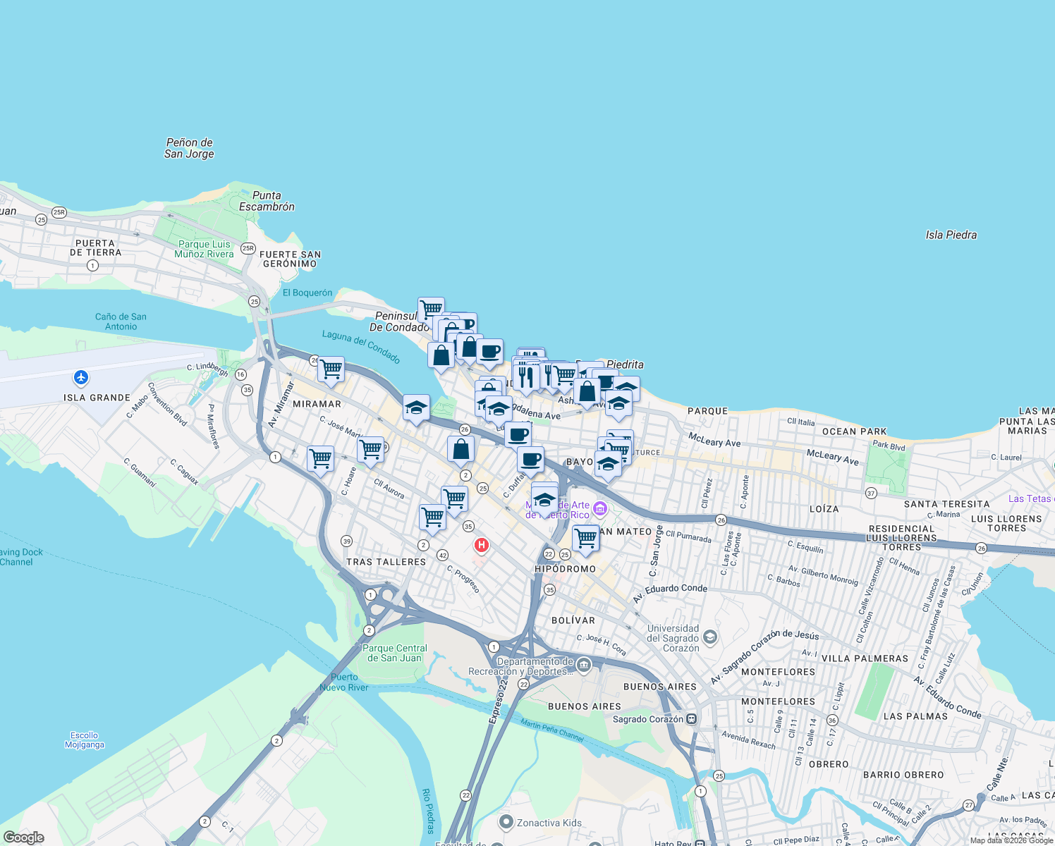 map of restaurants, bars, coffee shops, grocery stores, and more near in San Juan