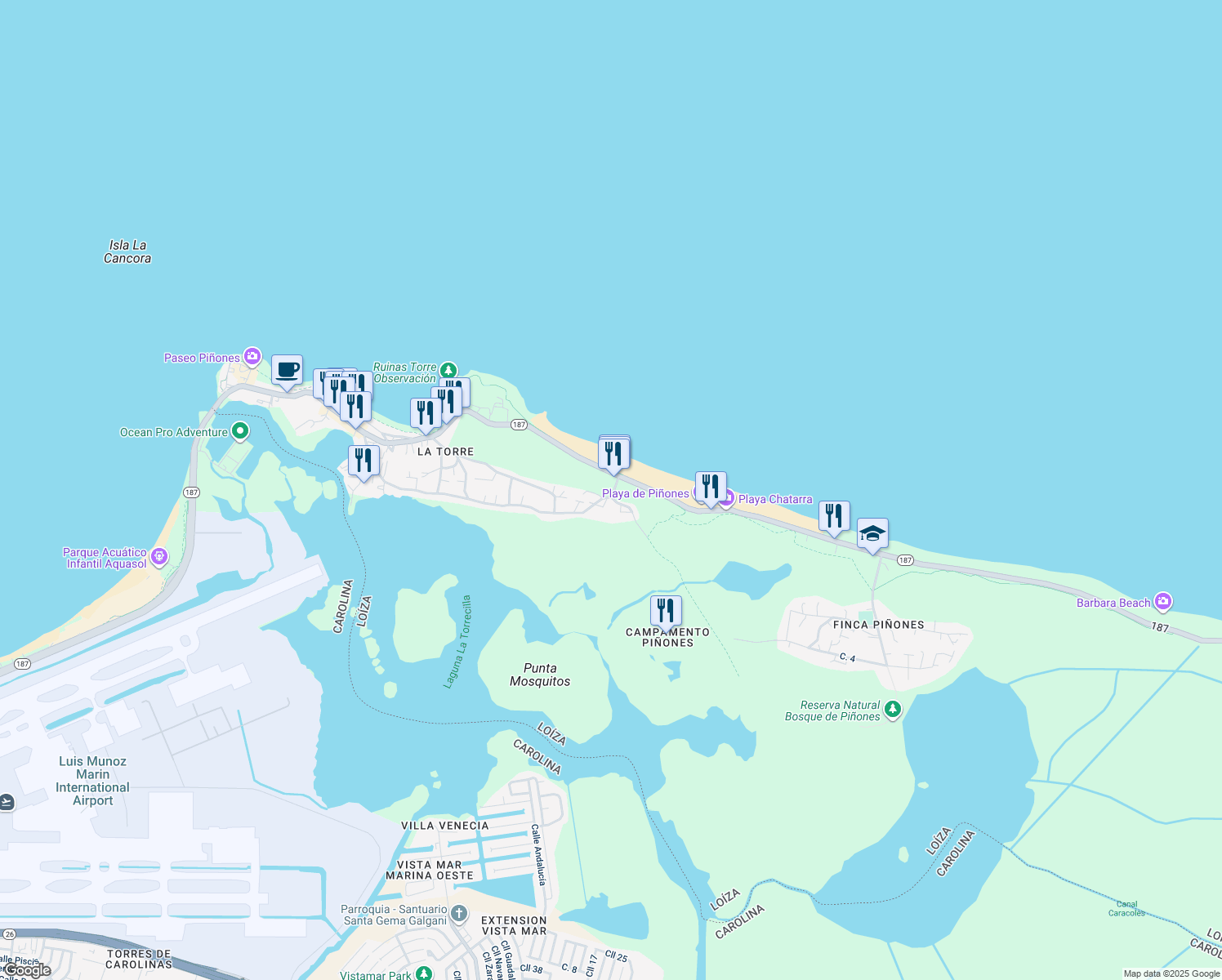map of restaurants, bars, coffee shops, grocery stores, and more near Highway 187 in Carolina