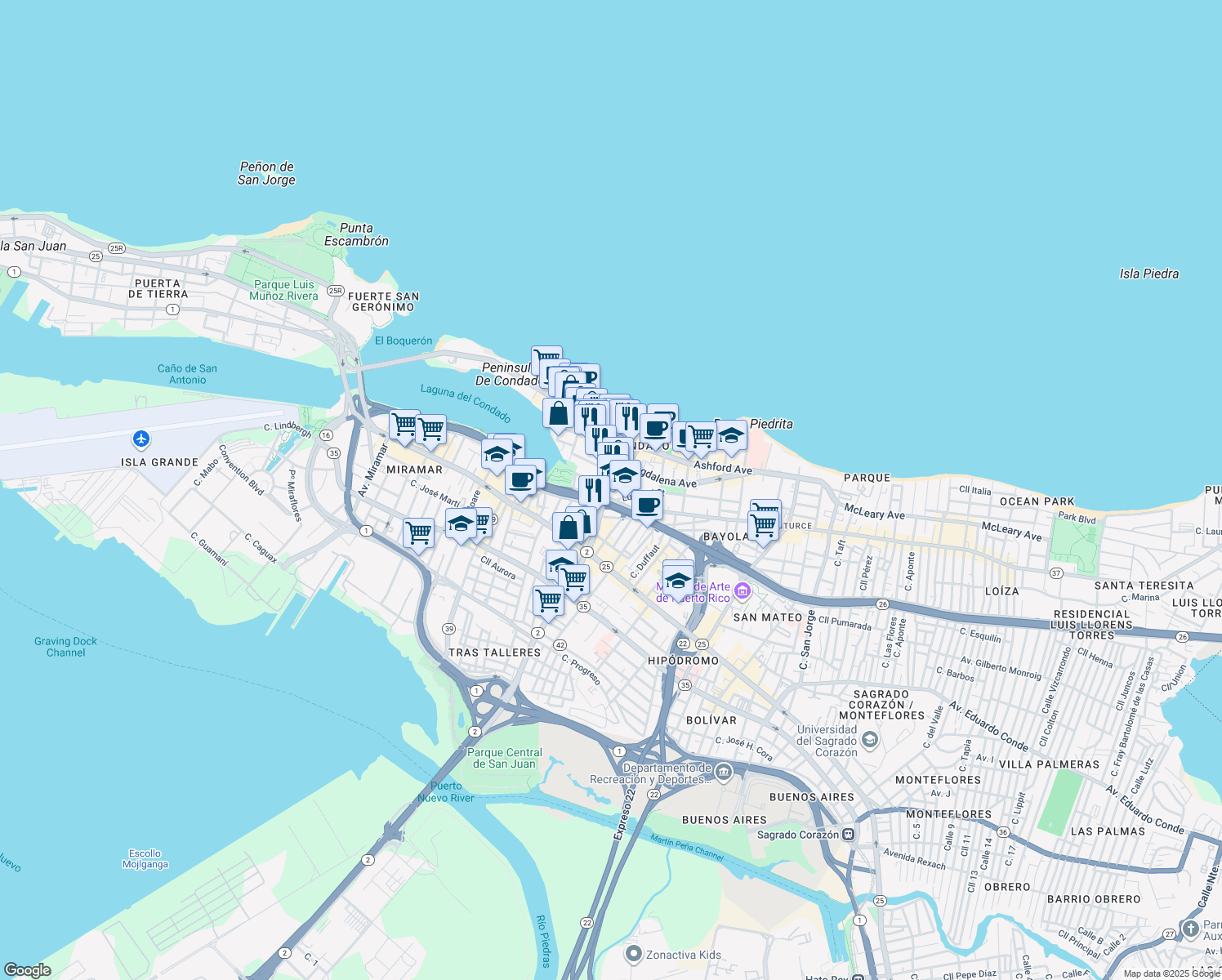 map of restaurants, bars, coffee shops, grocery stores, and more near 63 Calle Luisa in San Juan