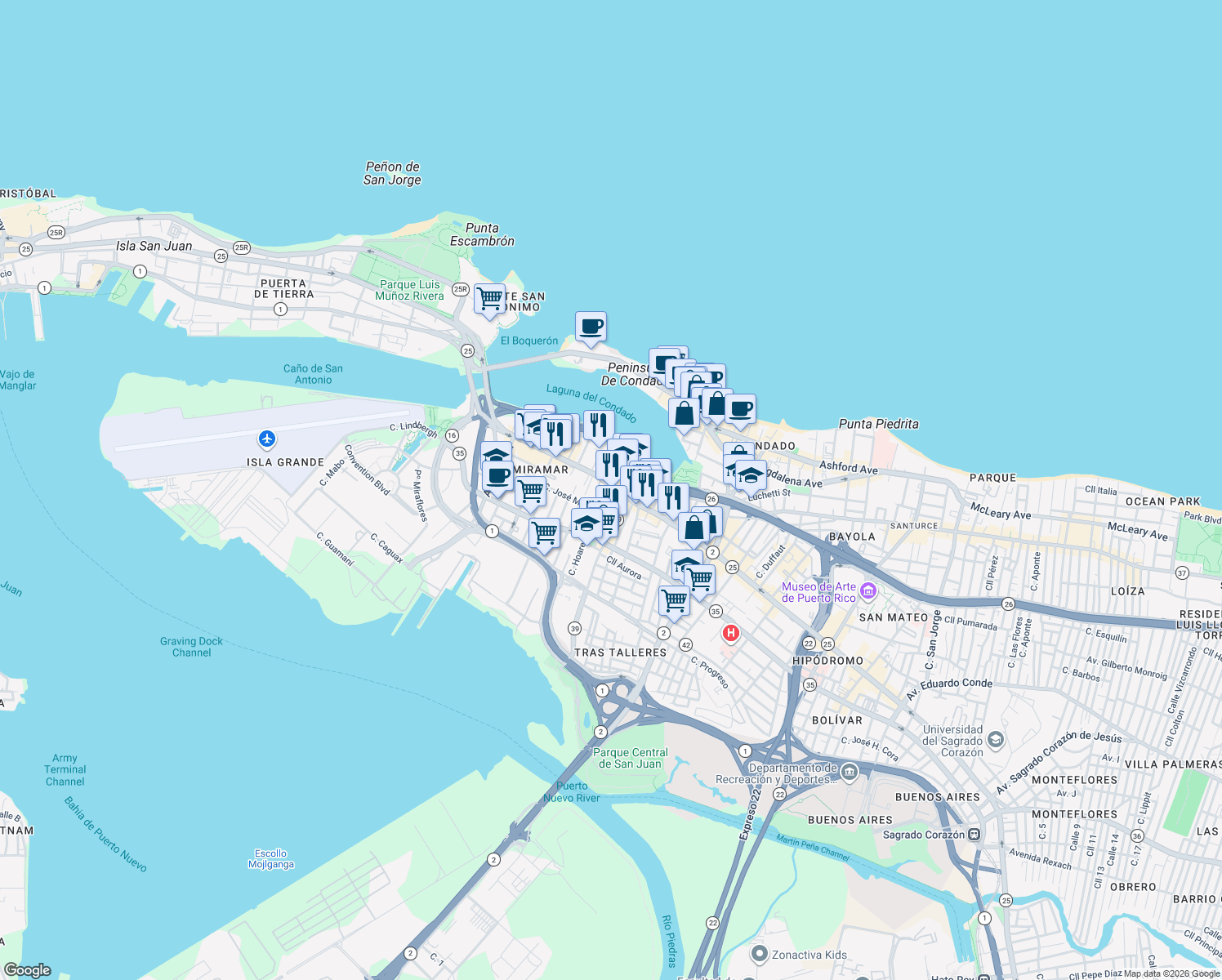 map of restaurants, bars, coffee shops, grocery stores, and more near 954 Avenida Juan Ponce de León in San Juan