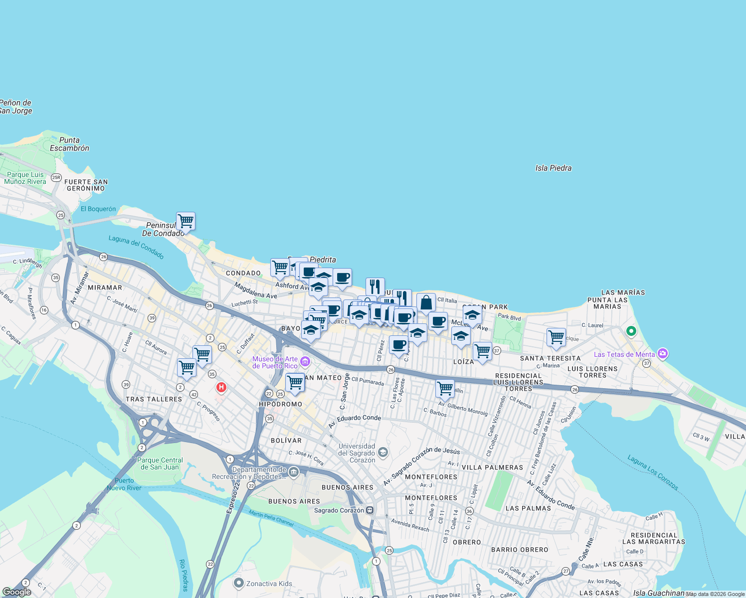 map of restaurants, bars, coffee shops, grocery stores, and more near 59 Calle Kings Court in San Juan