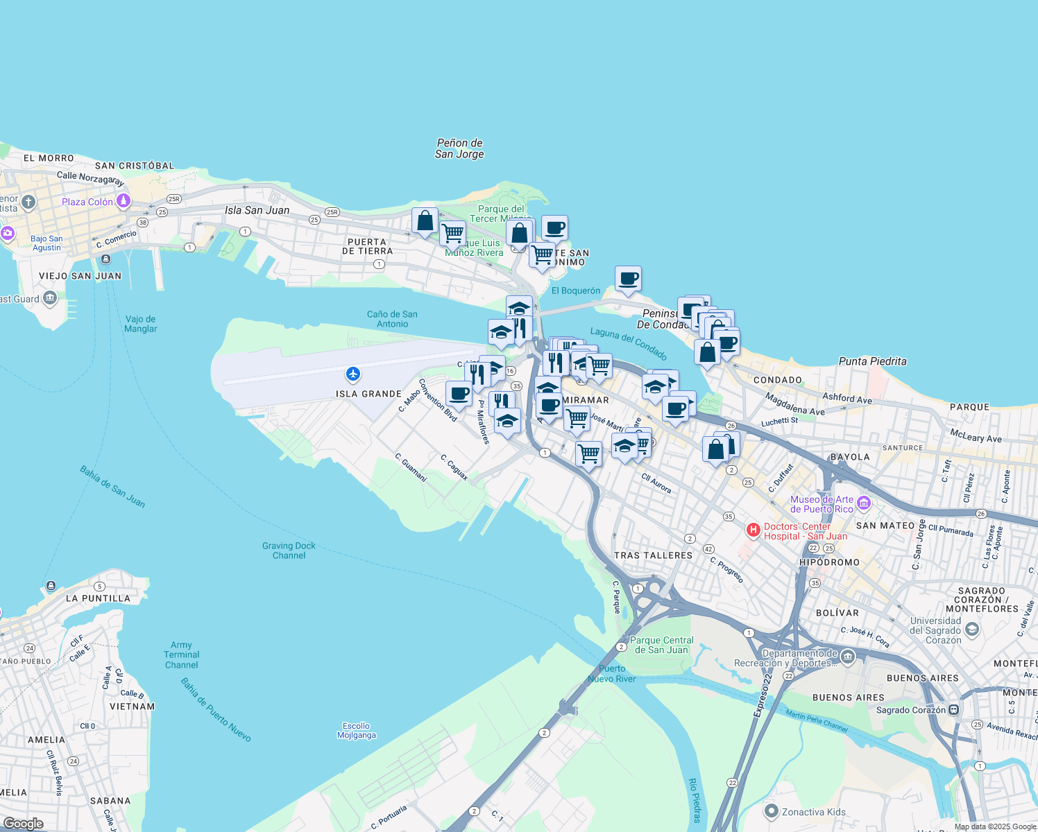map of restaurants, bars, coffee shops, grocery stores, and more near 602 Avenida Manuel Fernández Juncos in San Juan
