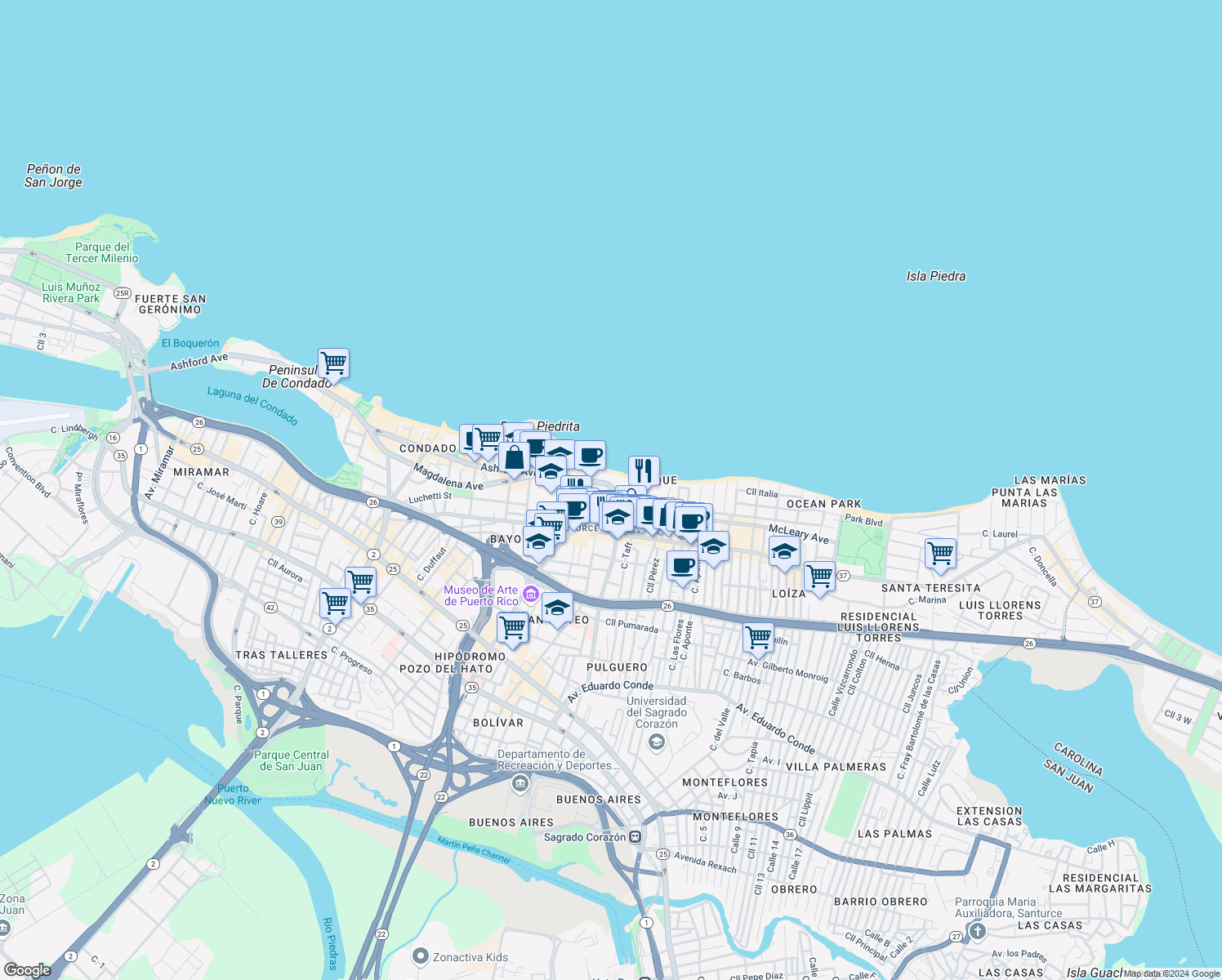 map of restaurants, bars, coffee shops, grocery stores, and more near in San Juan