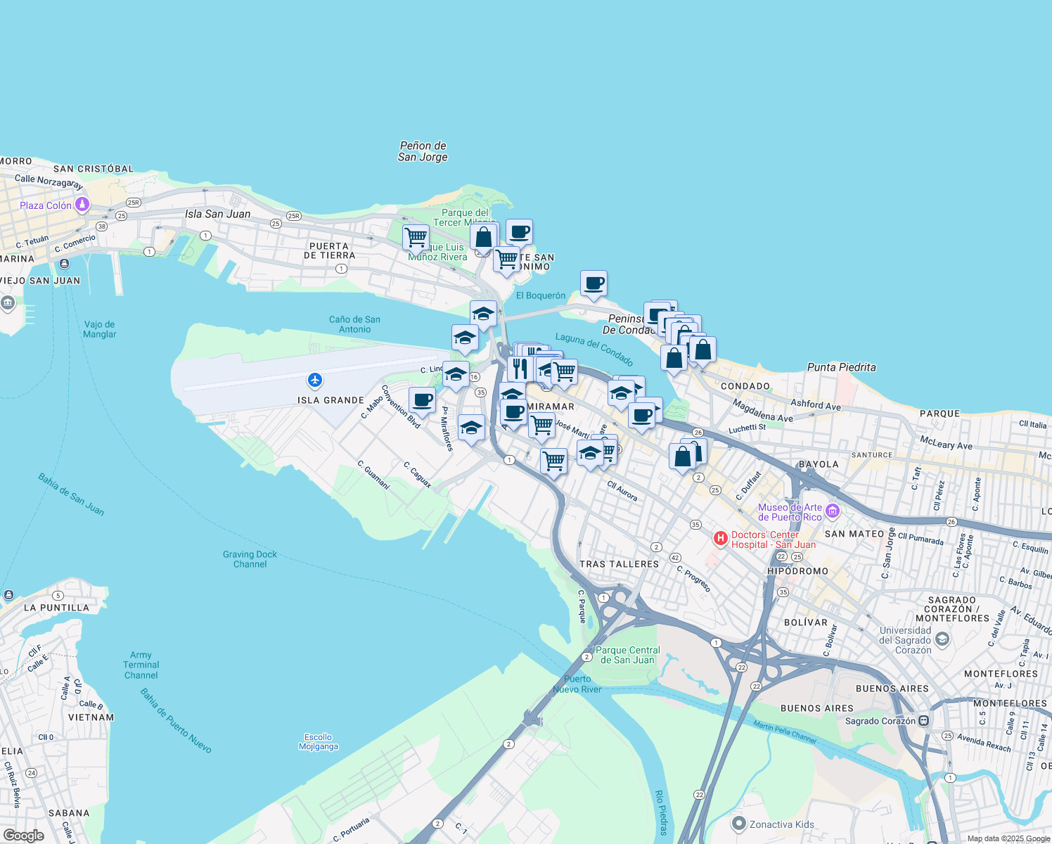 map of restaurants, bars, coffee shops, grocery stores, and more near 618 Avenida Miramar in San Juan
