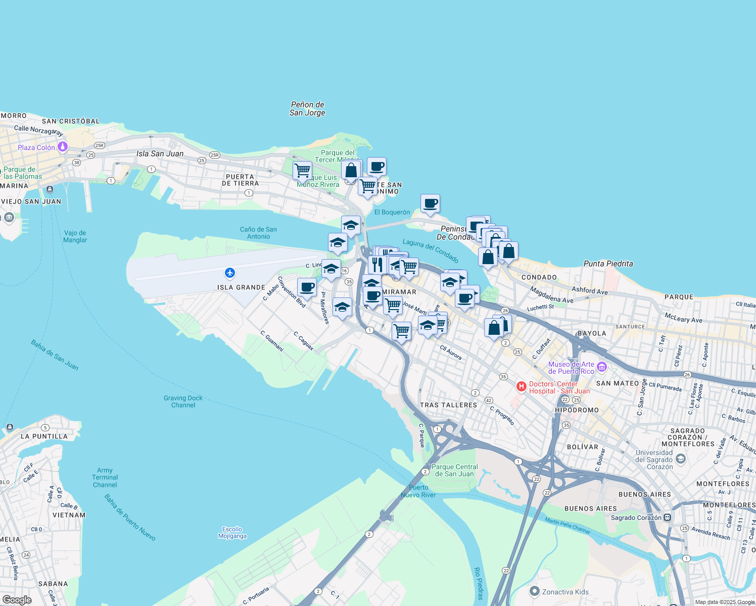 map of restaurants, bars, coffee shops, grocery stores, and more near 618 Avenida Miramar in San Juan