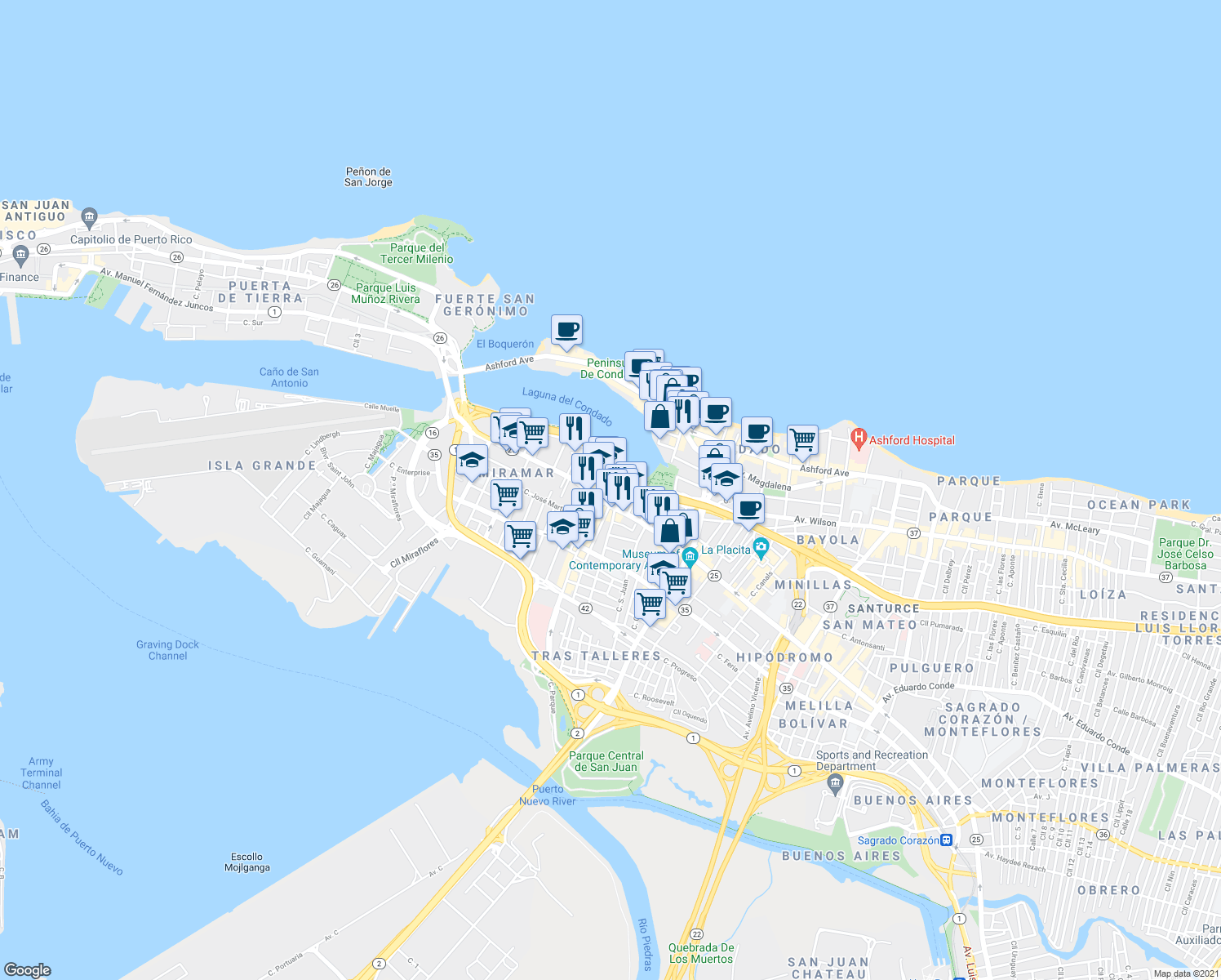 map of restaurants, bars, coffee shops, grocery stores, and more near Calle Elisa Colberg in San Juan