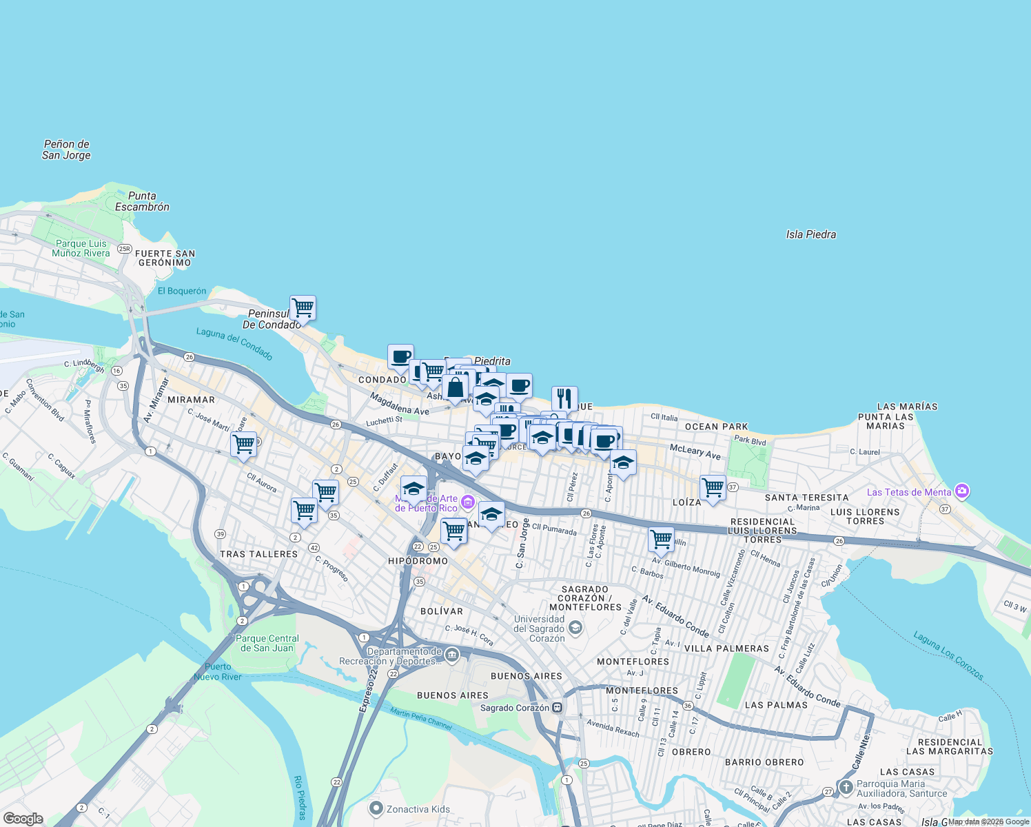 map of restaurants, bars, coffee shops, grocery stores, and more near in San Juan