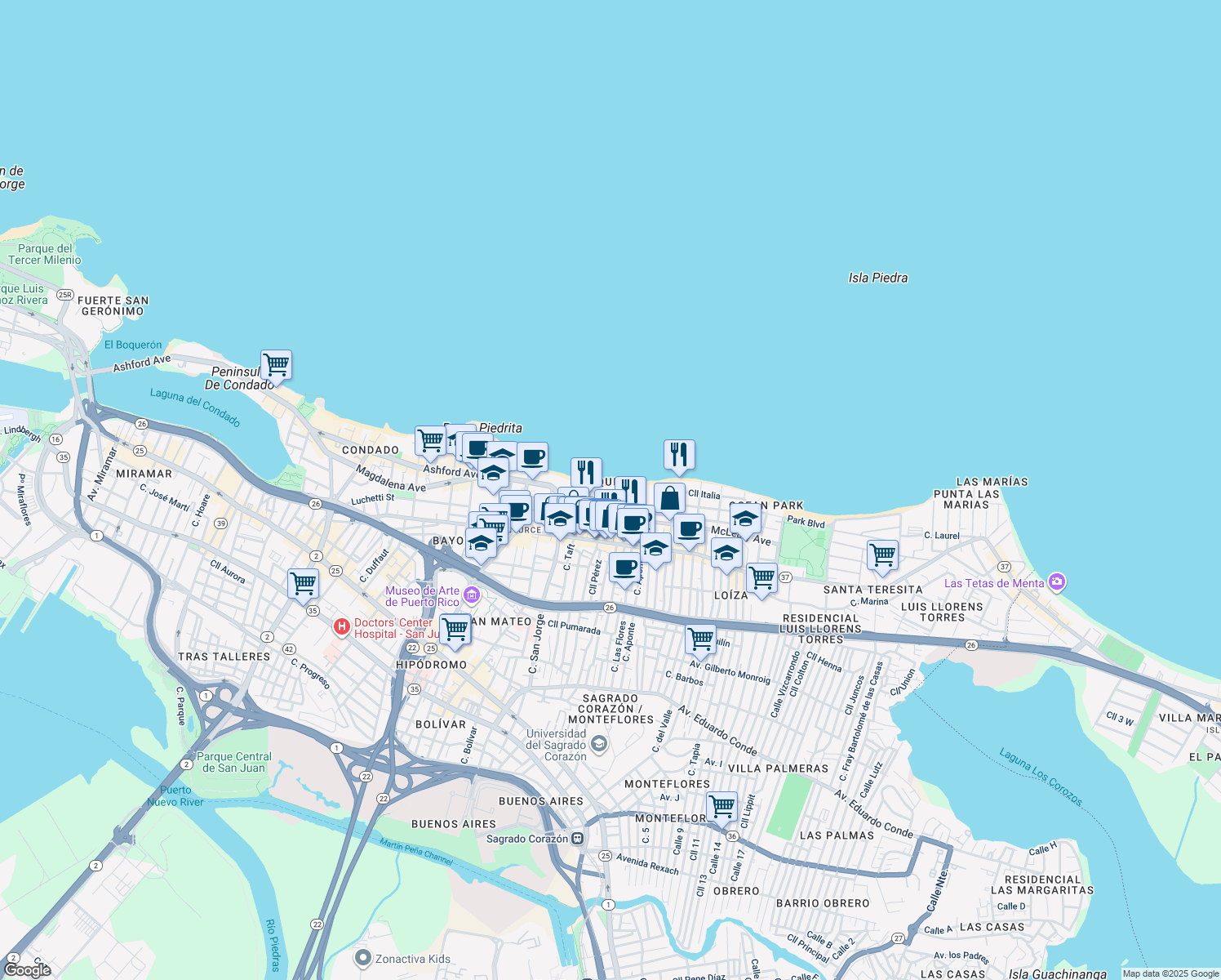 map of restaurants, bars, coffee shops, grocery stores, and more near in San Juan
