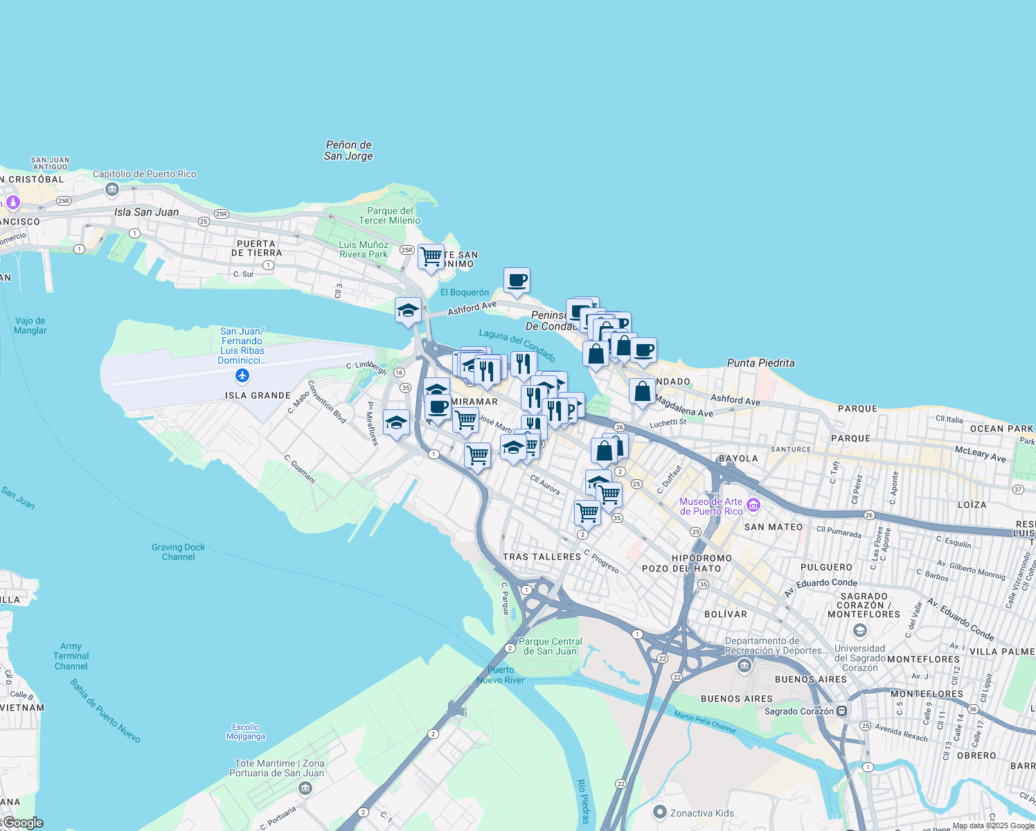 map of restaurants, bars, coffee shops, grocery stores, and more near 605 Calle Aboy in San Juan