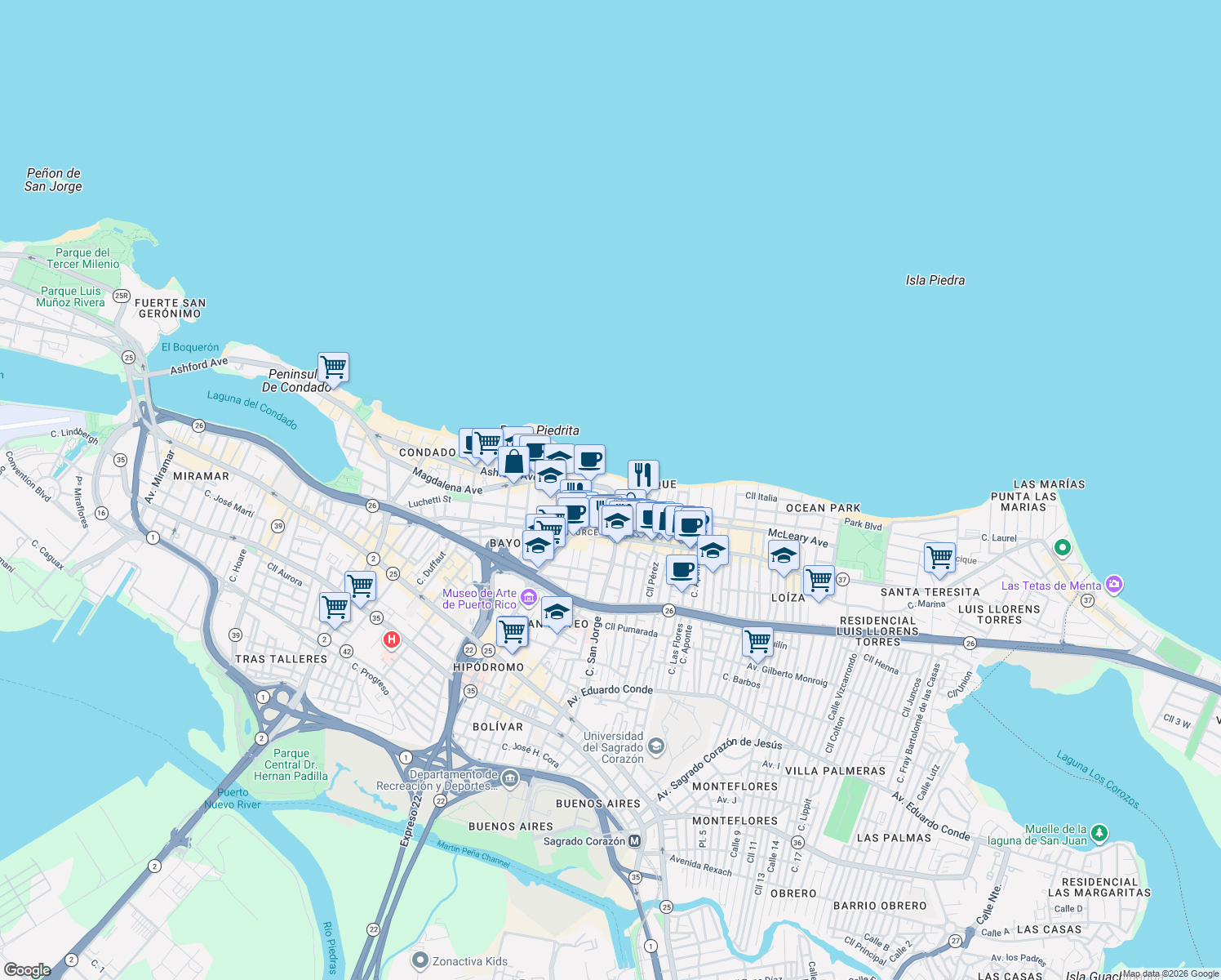 map of restaurants, bars, coffee shops, grocery stores, and more near in San Juan