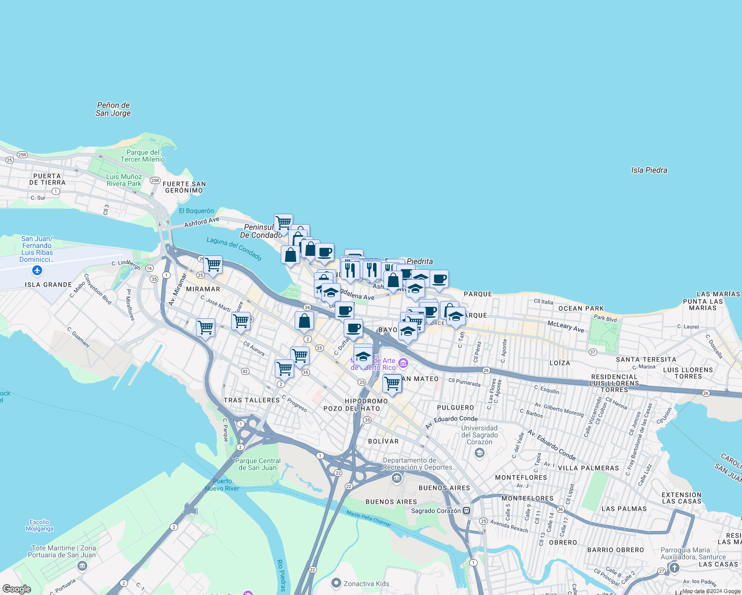 map of restaurants, bars, coffee shops, grocery stores, and more near 55 Calle Cervantes in San Juan