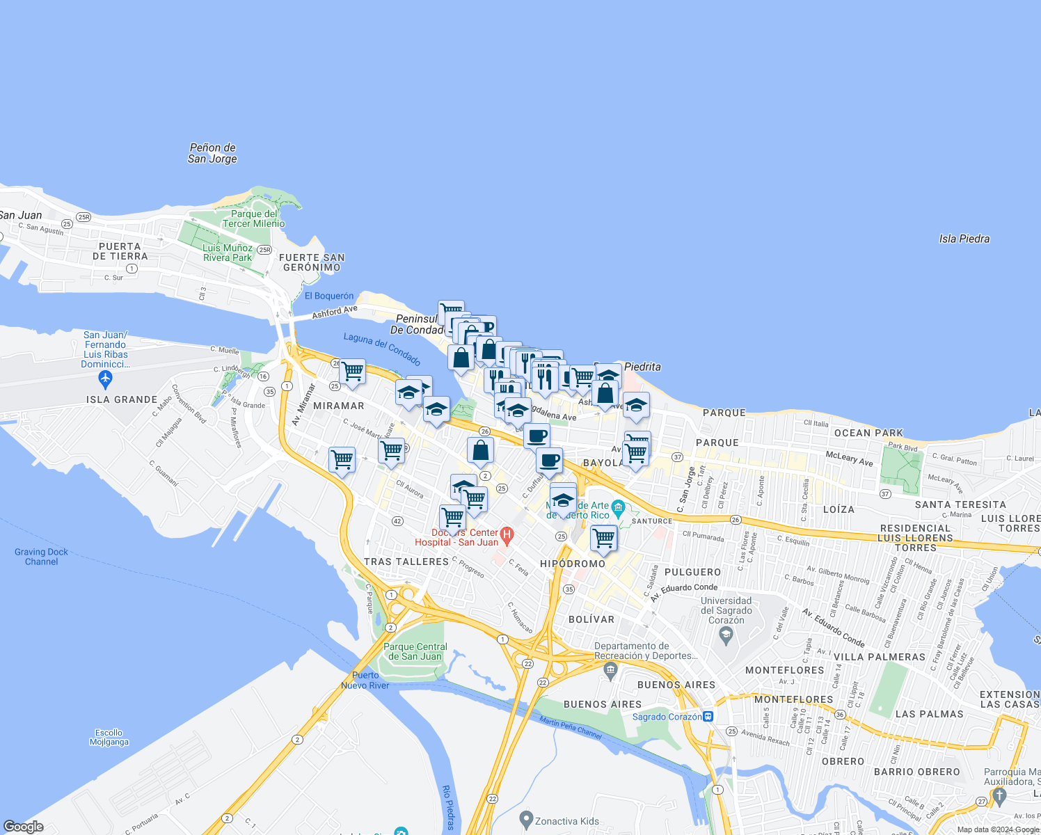 map of restaurants, bars, coffee shops, grocery stores, and more near 62 Calle Santiago Iglesias in San Juan