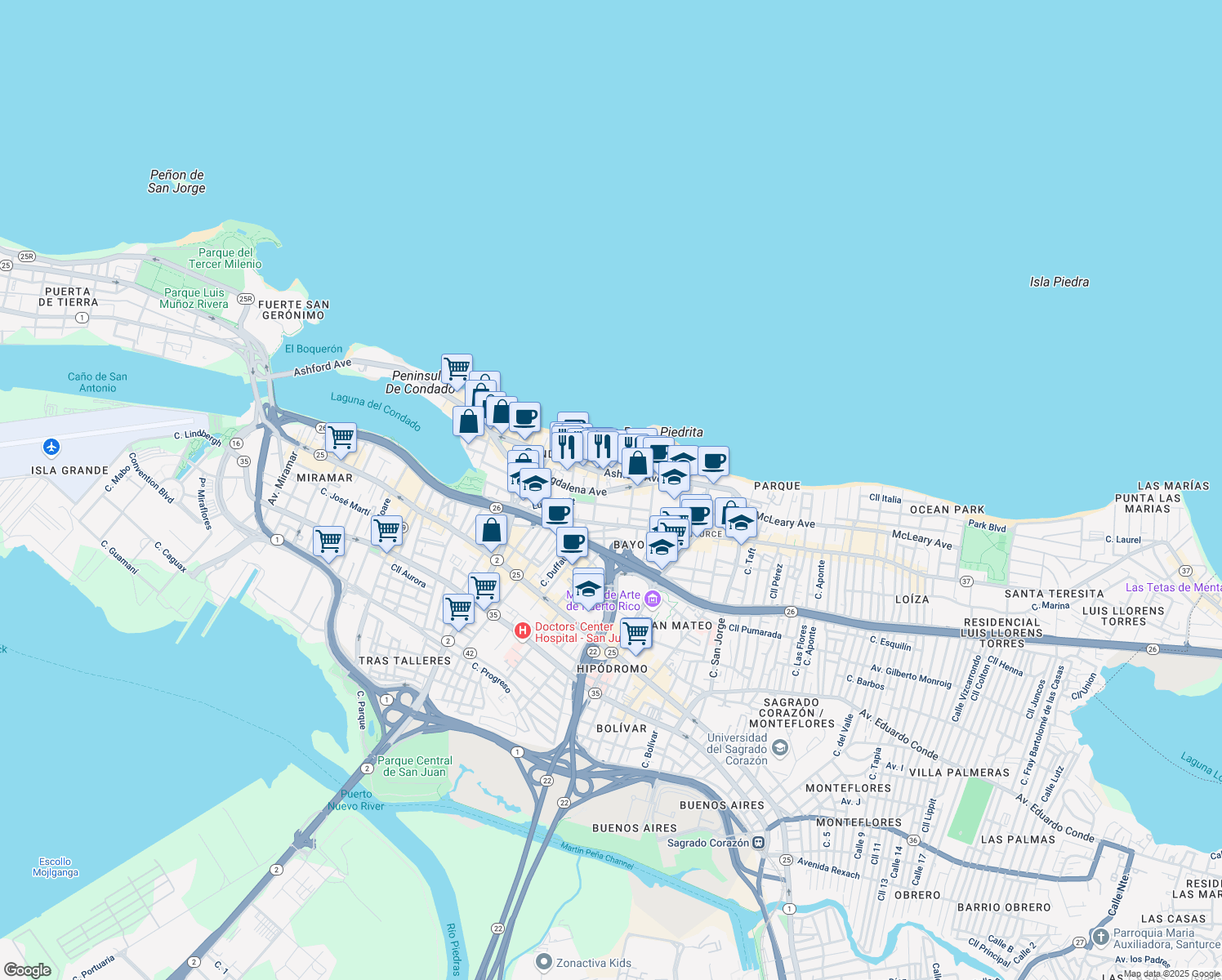 map of restaurants, bars, coffee shops, grocery stores, and more near 55 Calle Cervantes in San Juan