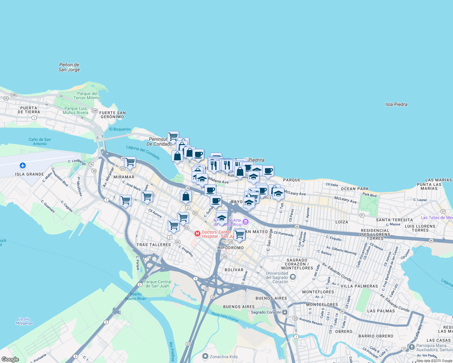 map of restaurants, bars, coffee shops, grocery stores, and more near 1351 Avenida Magdalena in San Juan
