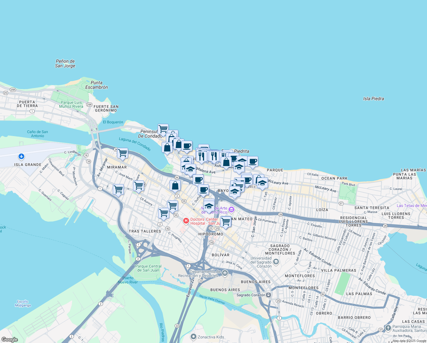 map of restaurants, bars, coffee shops, grocery stores, and more near 55 Calle Cervantes in San Juan