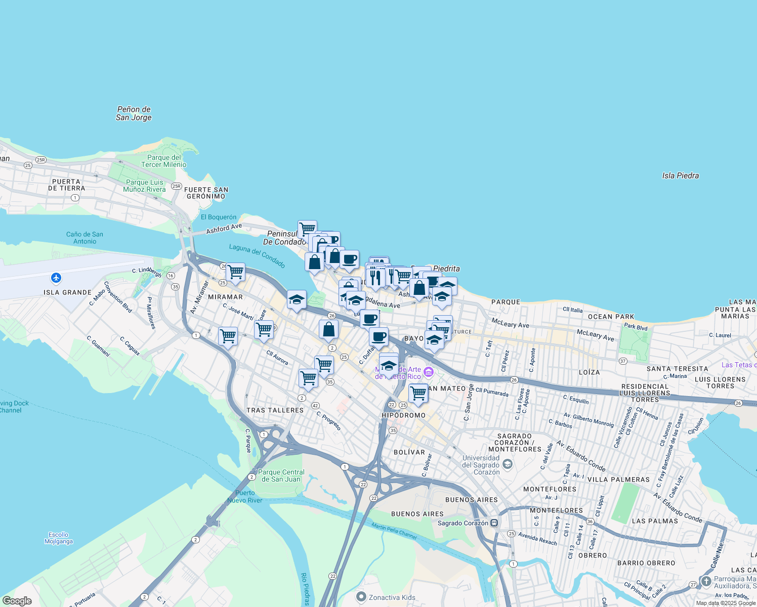 map of restaurants, bars, coffee shops, grocery stores, and more near in San Juan
