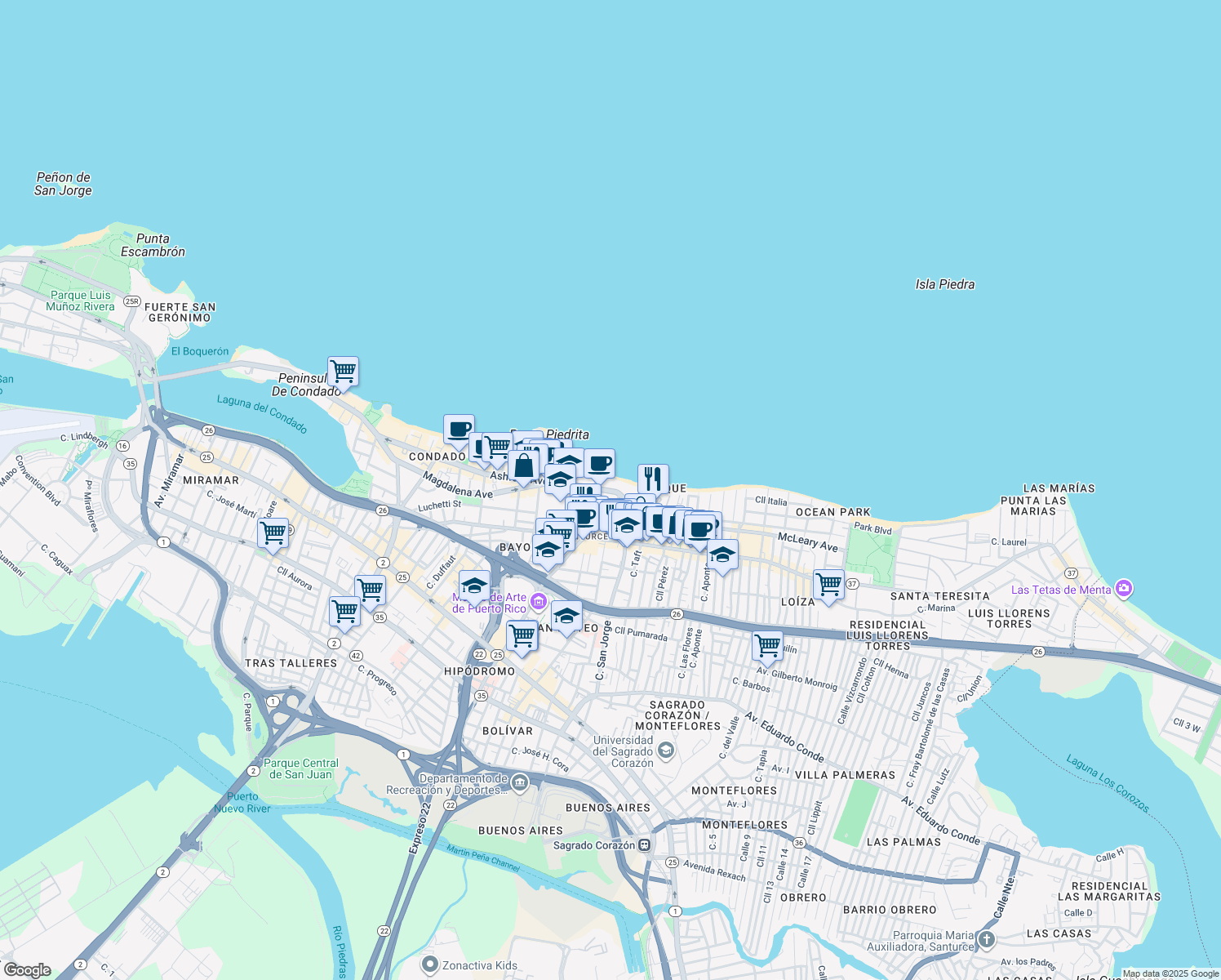 map of restaurants, bars, coffee shops, grocery stores, and more near in San Juan