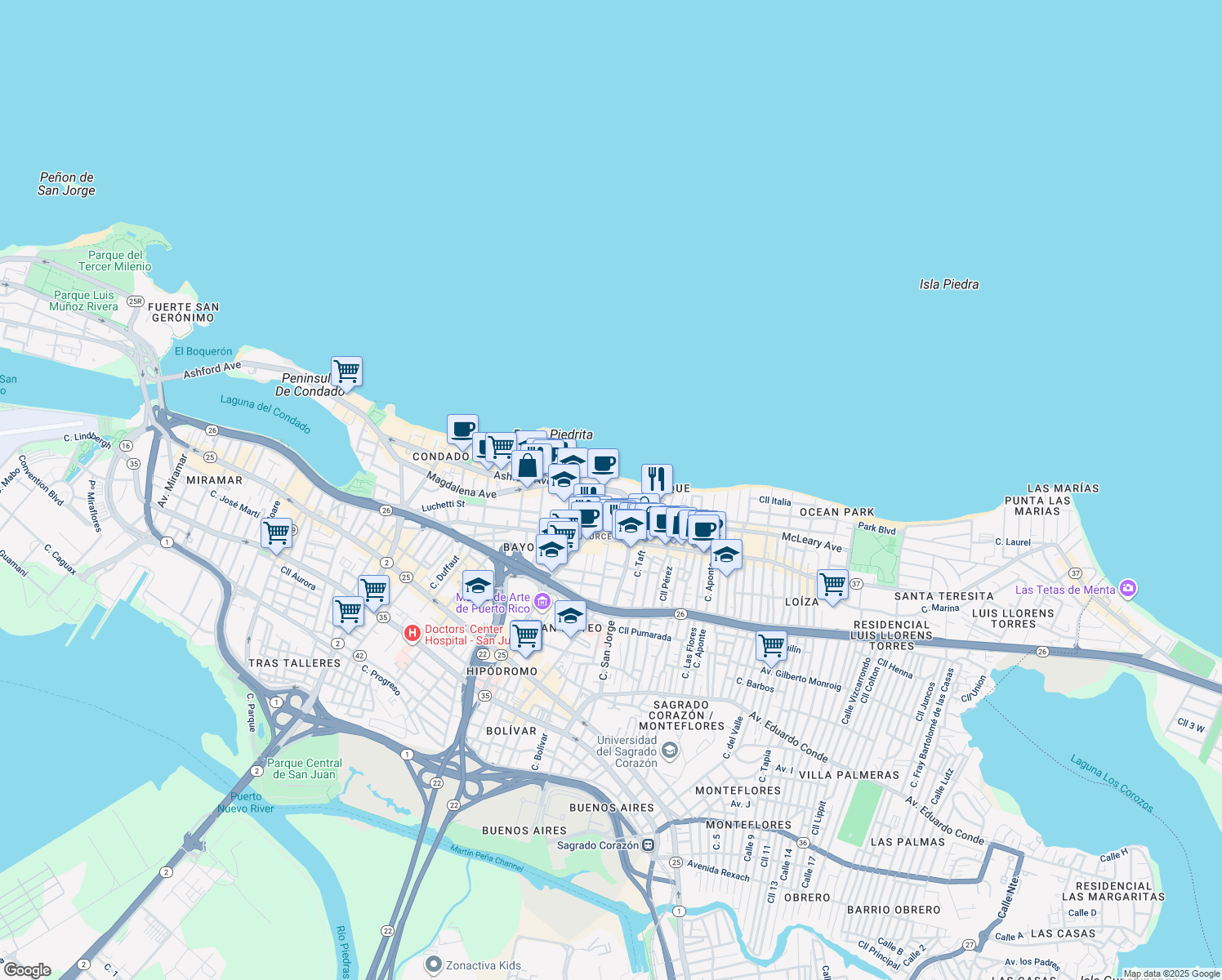 map of restaurants, bars, coffee shops, grocery stores, and more near in San Juan