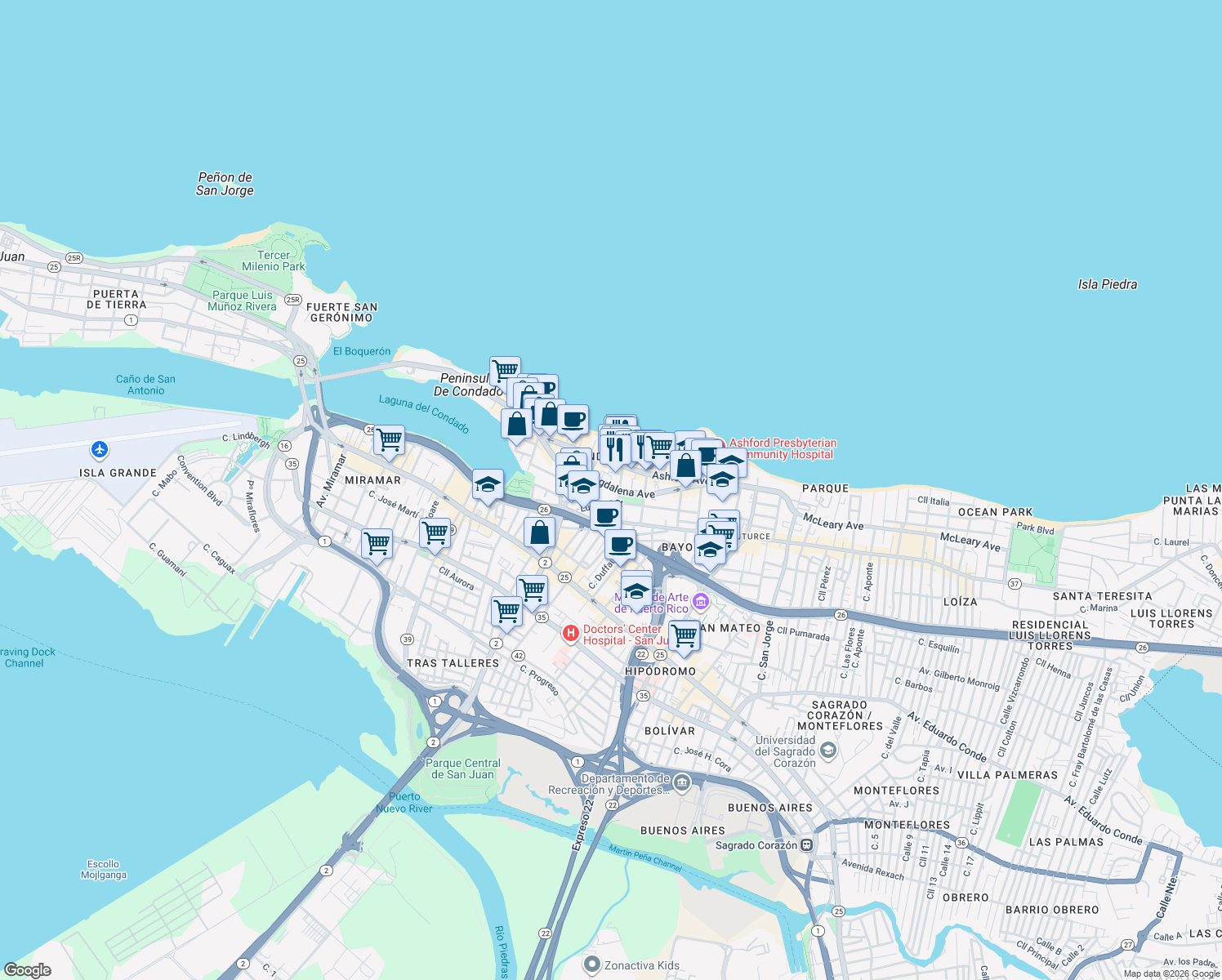map of restaurants, bars, coffee shops, grocery stores, and more near in San Juan