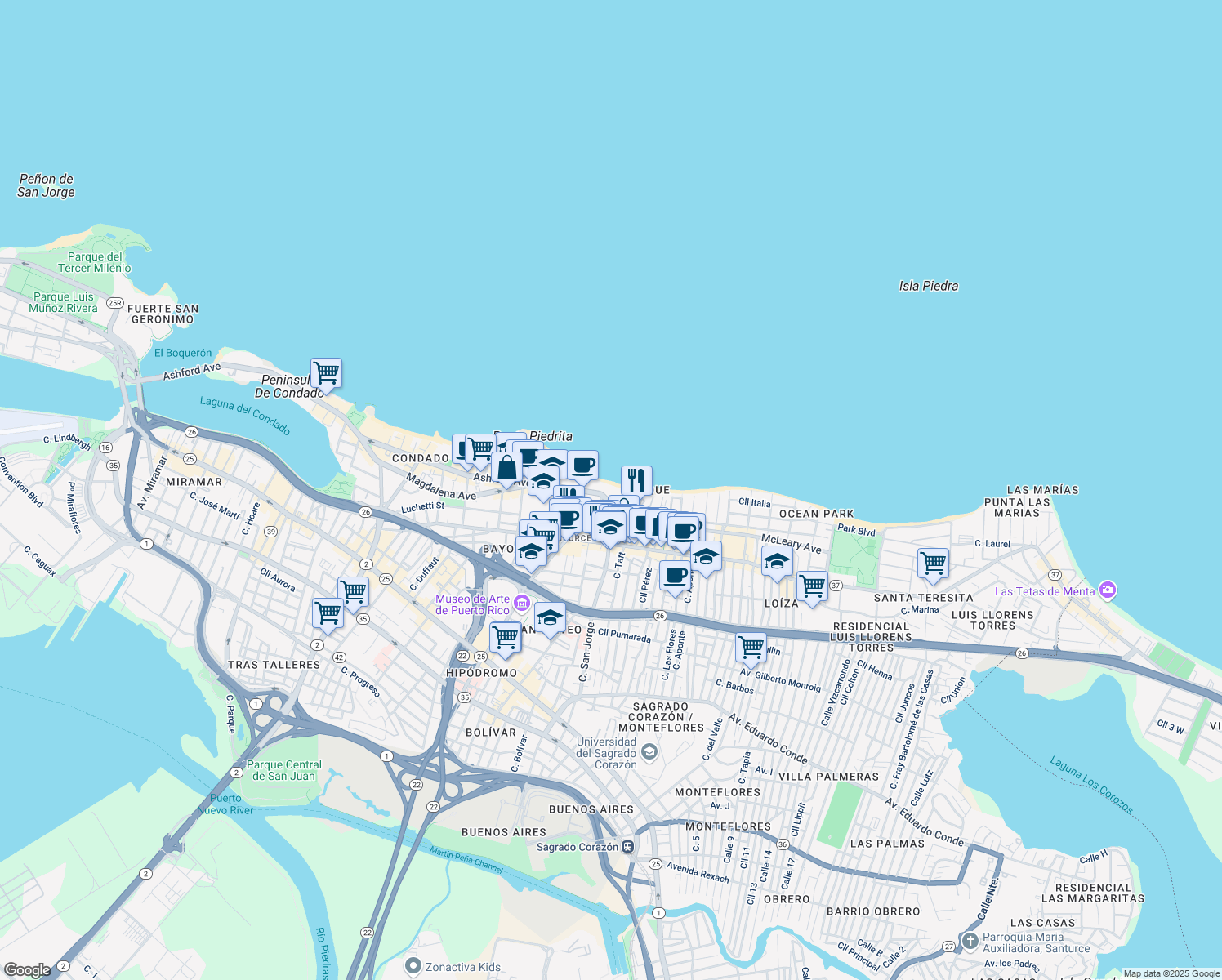 map of restaurants, bars, coffee shops, grocery stores, and more near in San Juan