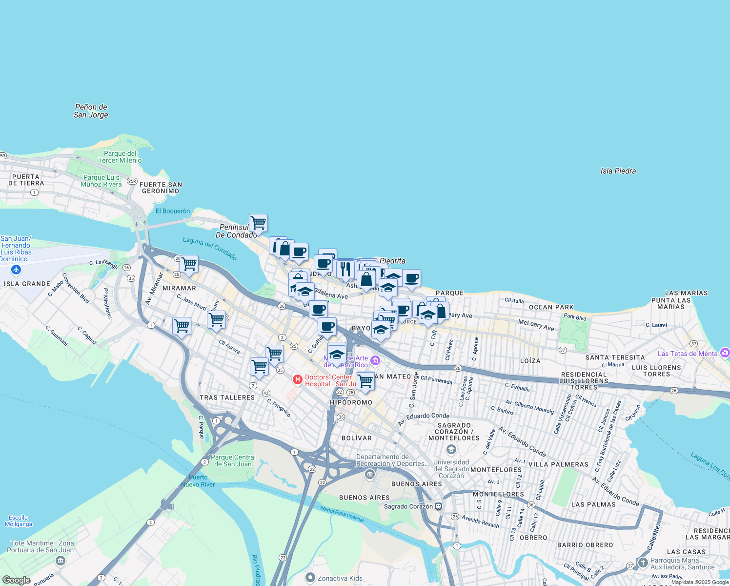 map of restaurants, bars, coffee shops, grocery stores, and more near 1351-1367 Avenida Magdalena in San Juan