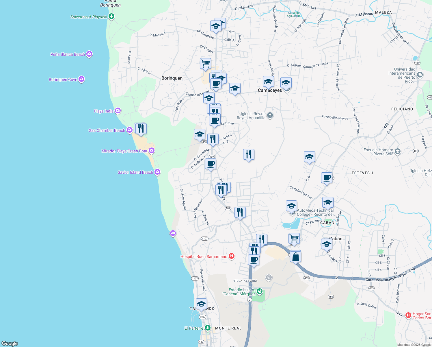 map of restaurants, bars, coffee shops, grocery stores, and more near in Aguadilla