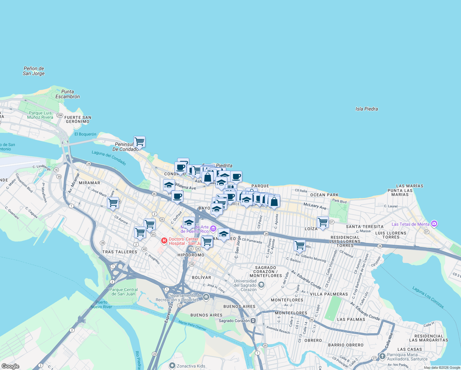 map of restaurants, bars, coffee shops, grocery stores, and more near in San Juan