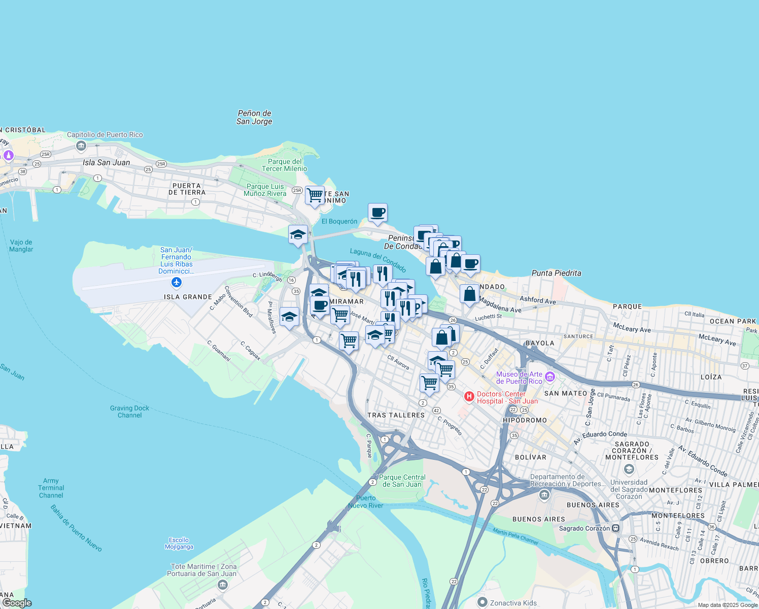 map of restaurants, bars, coffee shops, grocery stores, and more near 605 Calle Aboy in San Juan