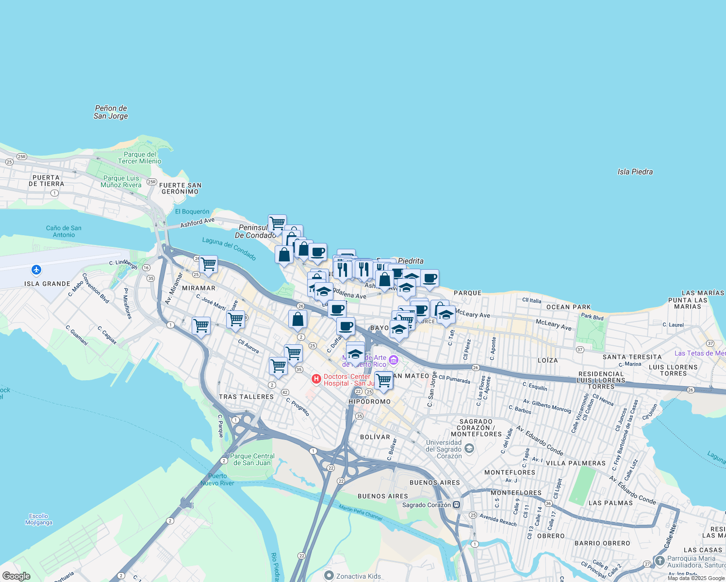 map of restaurants, bars, coffee shops, grocery stores, and more near 55 Calle Cervantes in San Juan