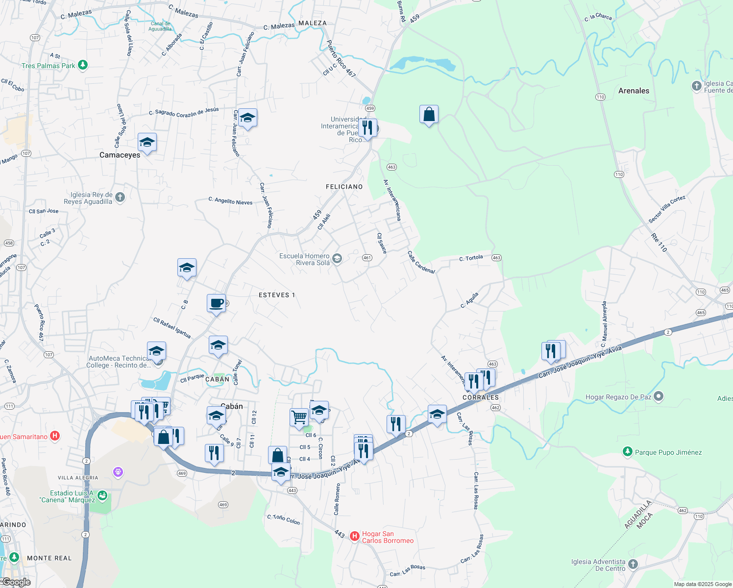 map of restaurants, bars, coffee shops, grocery stores, and more near 1070 Calle Maga in Aguadilla Pueblo