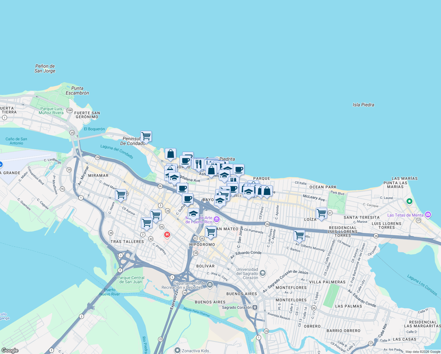 map of restaurants, bars, coffee shops, grocery stores, and more near 57 Calle Washington in San Juan