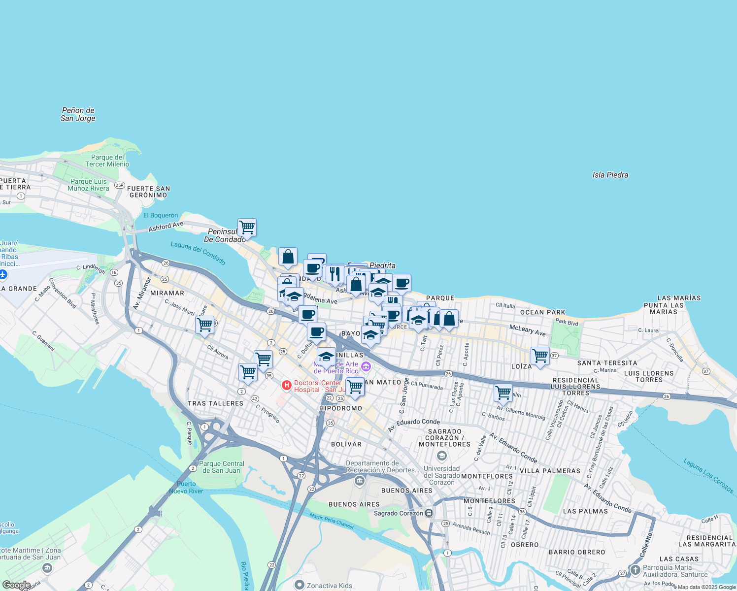 map of restaurants, bars, coffee shops, grocery stores, and more near 57 Calle Washington in San Juan