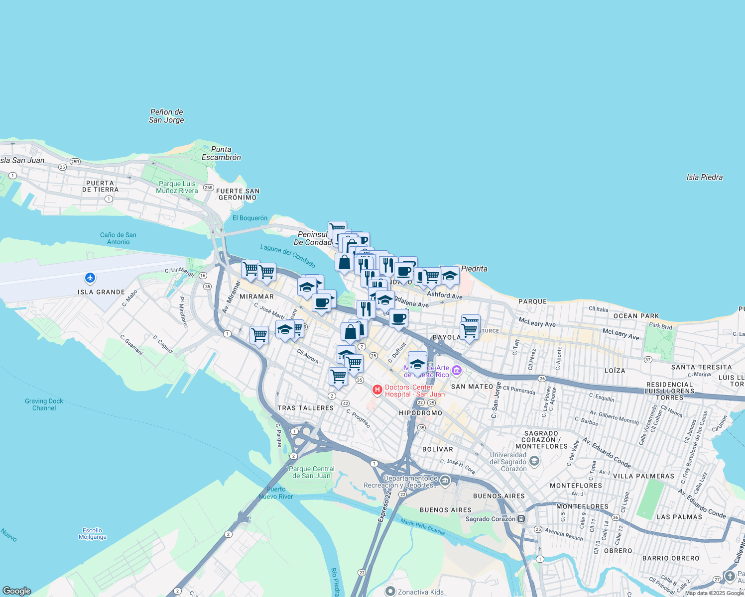 map of restaurants, bars, coffee shops, grocery stores, and more near 63 Calle Luisa in San Juan