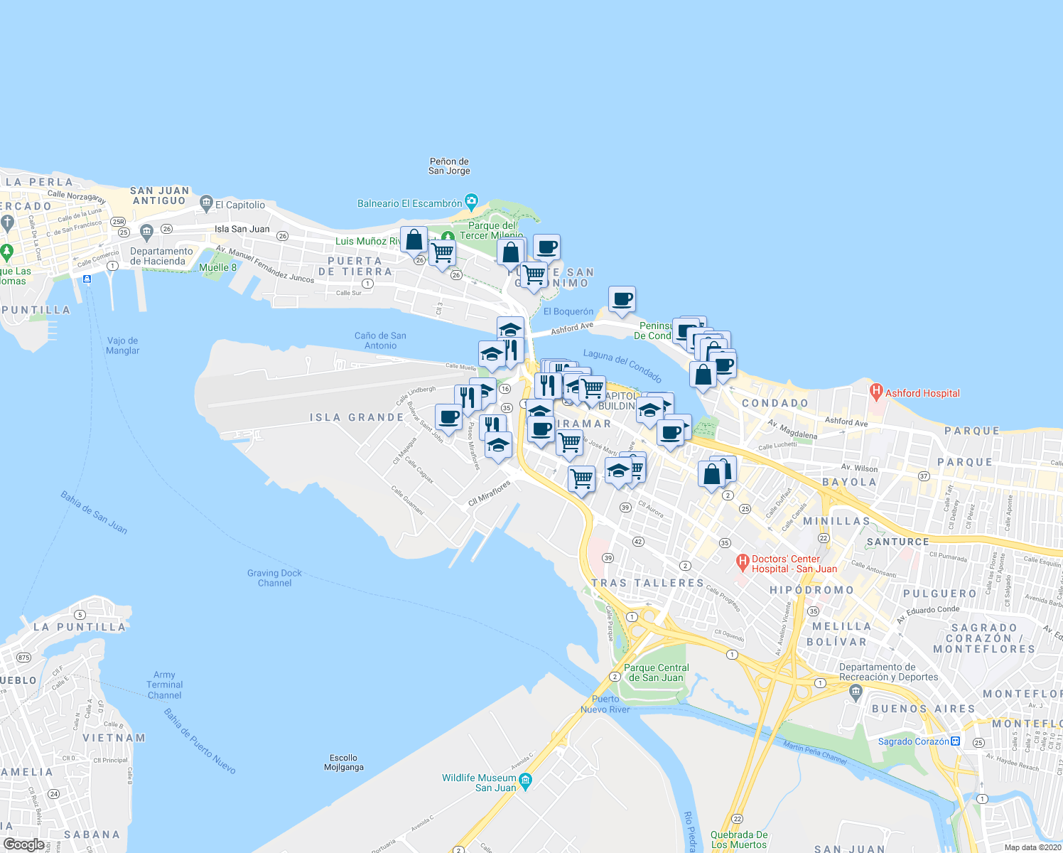 map of restaurants, bars, coffee shops, grocery stores, and more near 604 Calle Elliot Place in San Juan