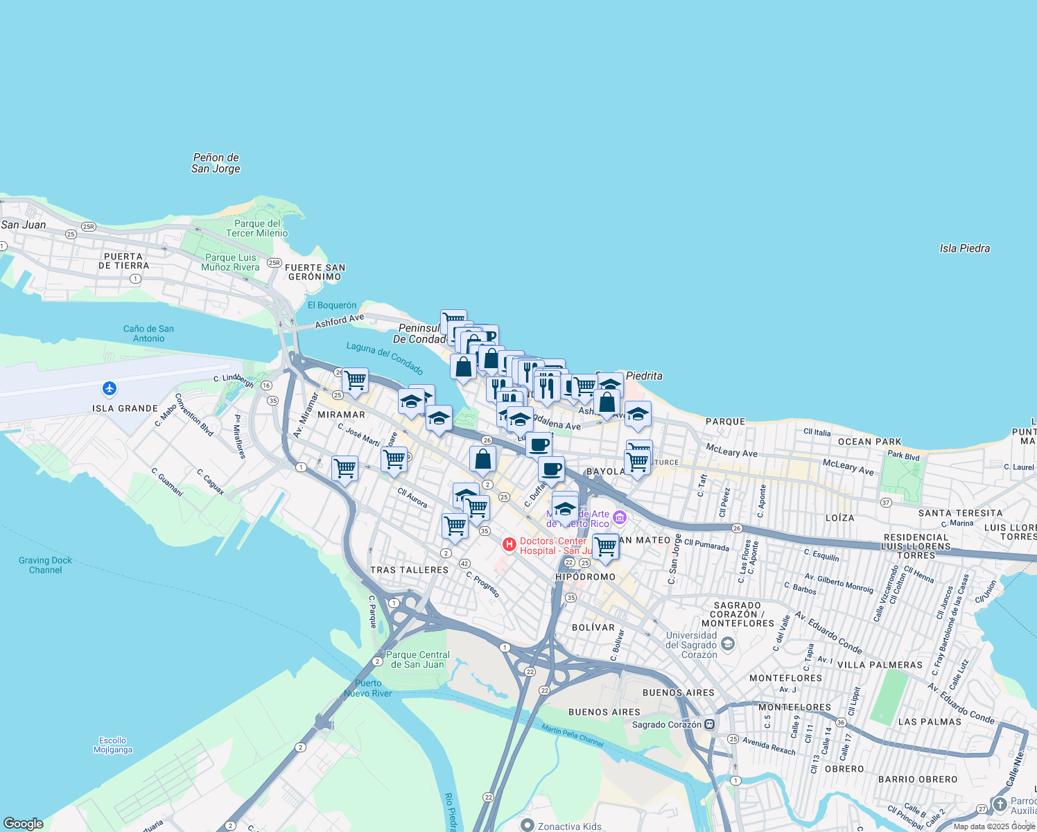 map of restaurants, bars, coffee shops, grocery stores, and more near 62 Calle Santiago Iglesias in San Juan