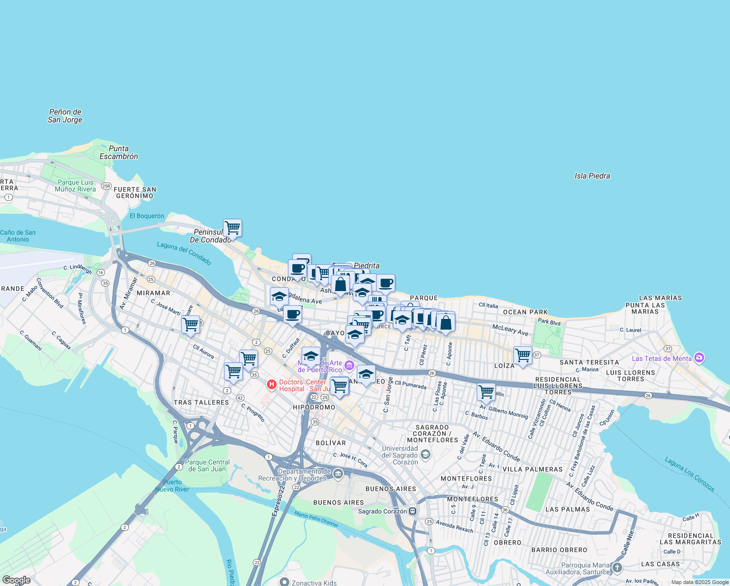 map of restaurants, bars, coffee shops, grocery stores, and more near in San Juan