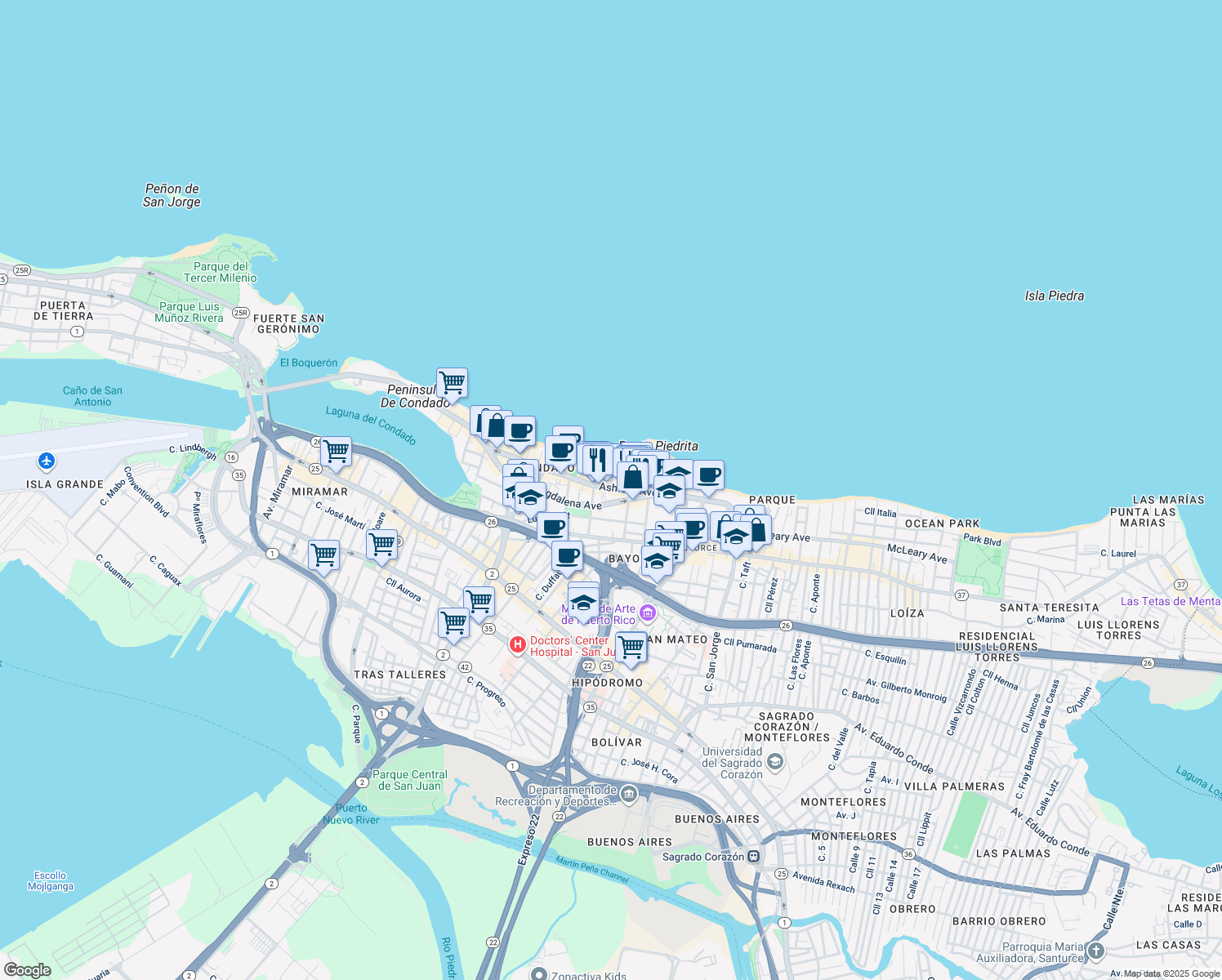 map of restaurants, bars, coffee shops, grocery stores, and more near 1351-1367 Avenida Magdalena in San Juan