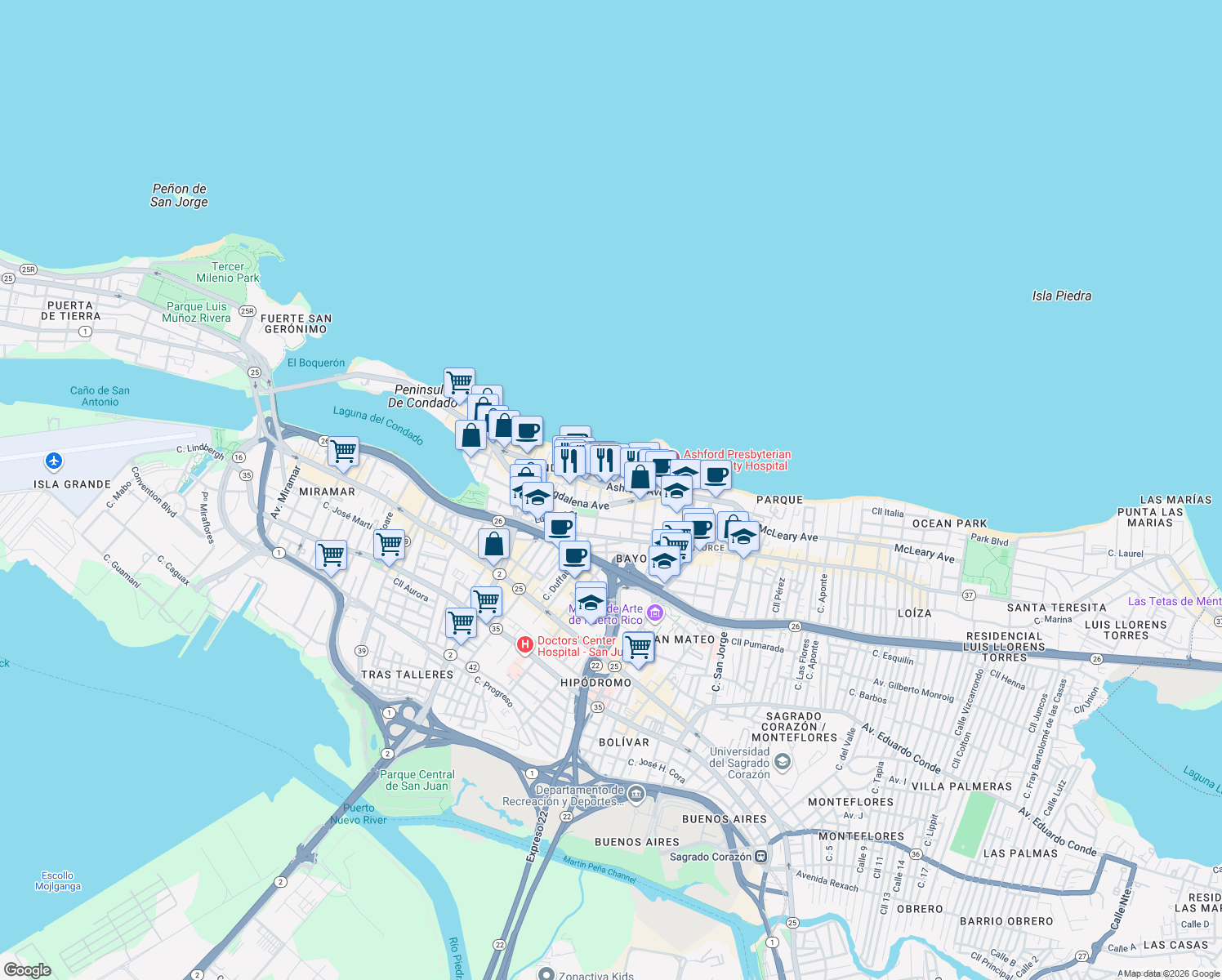 map of restaurants, bars, coffee shops, grocery stores, and more near 55 Calle Cervantes in San Juan